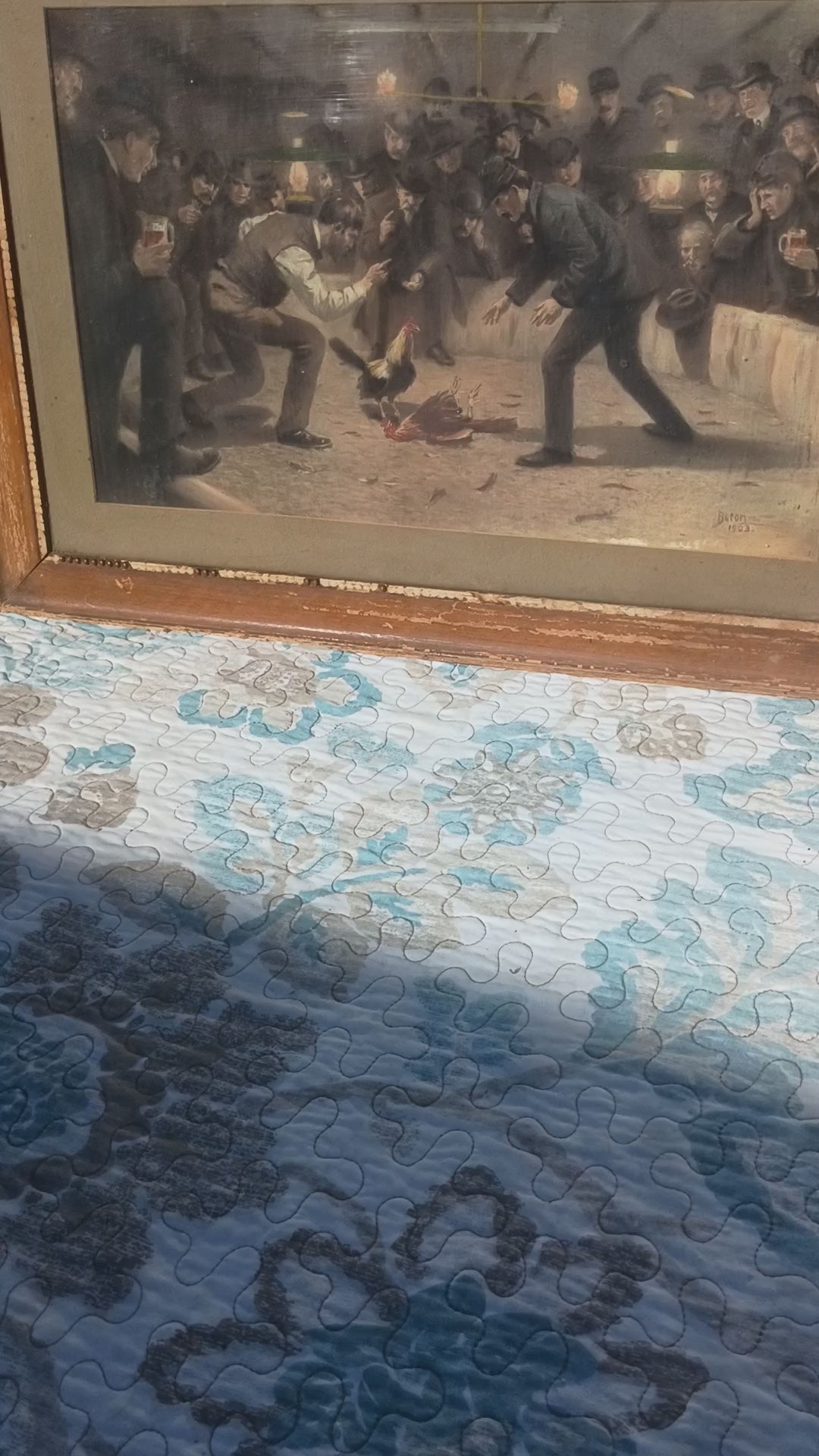 Authentic 1903 Antique Edwardian Underground Cockfight Scene Painting