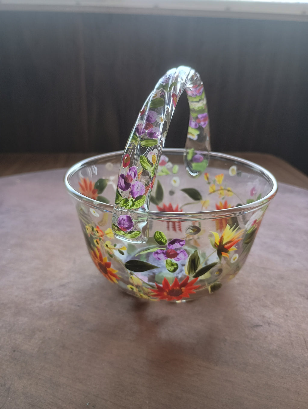 Hand-Painted "Wildflower Meadow" Glass Basket & Candle Holder Set