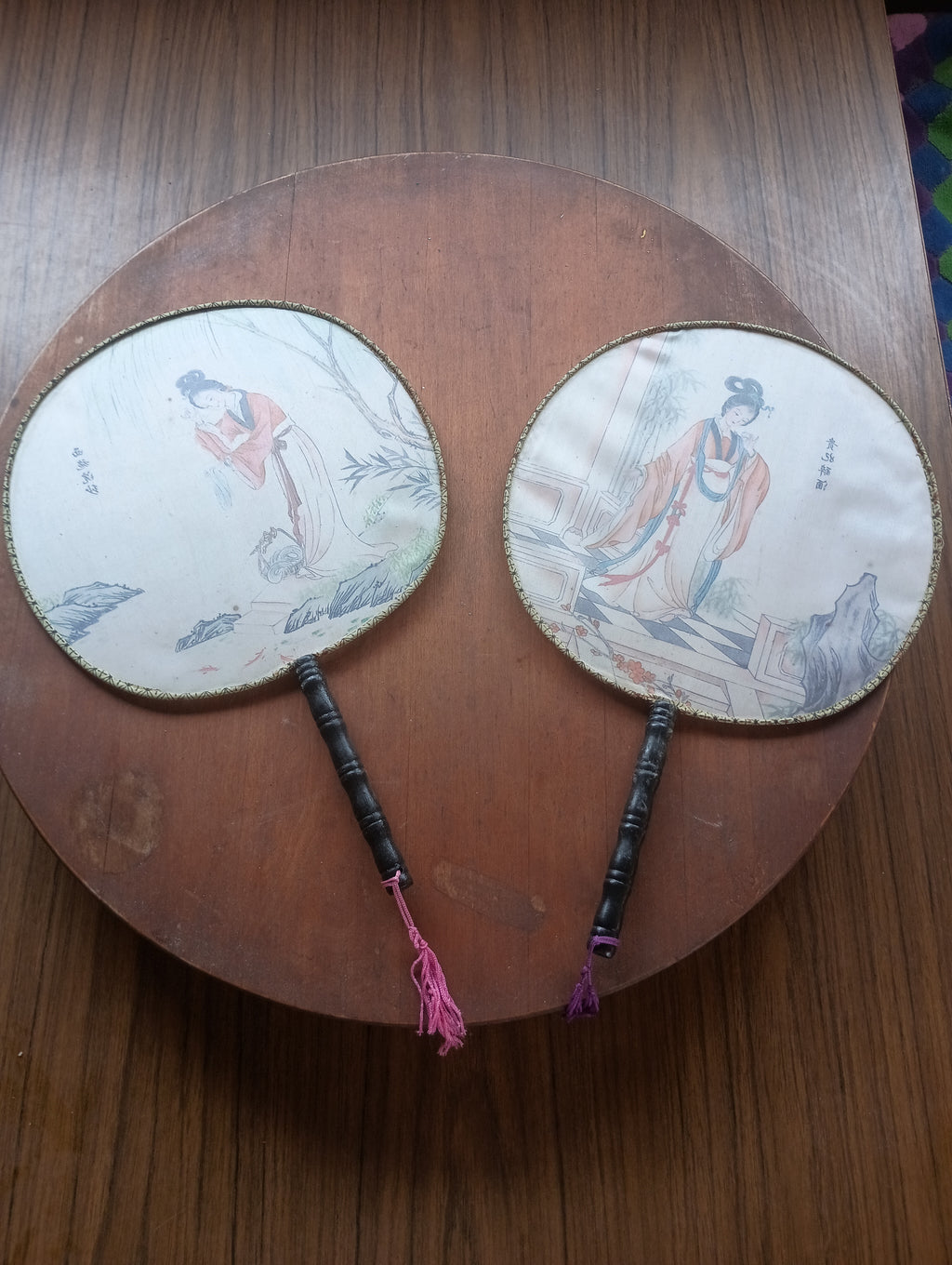 Pair of Vintage Silk "Tuan Shan" Round Hand Fans