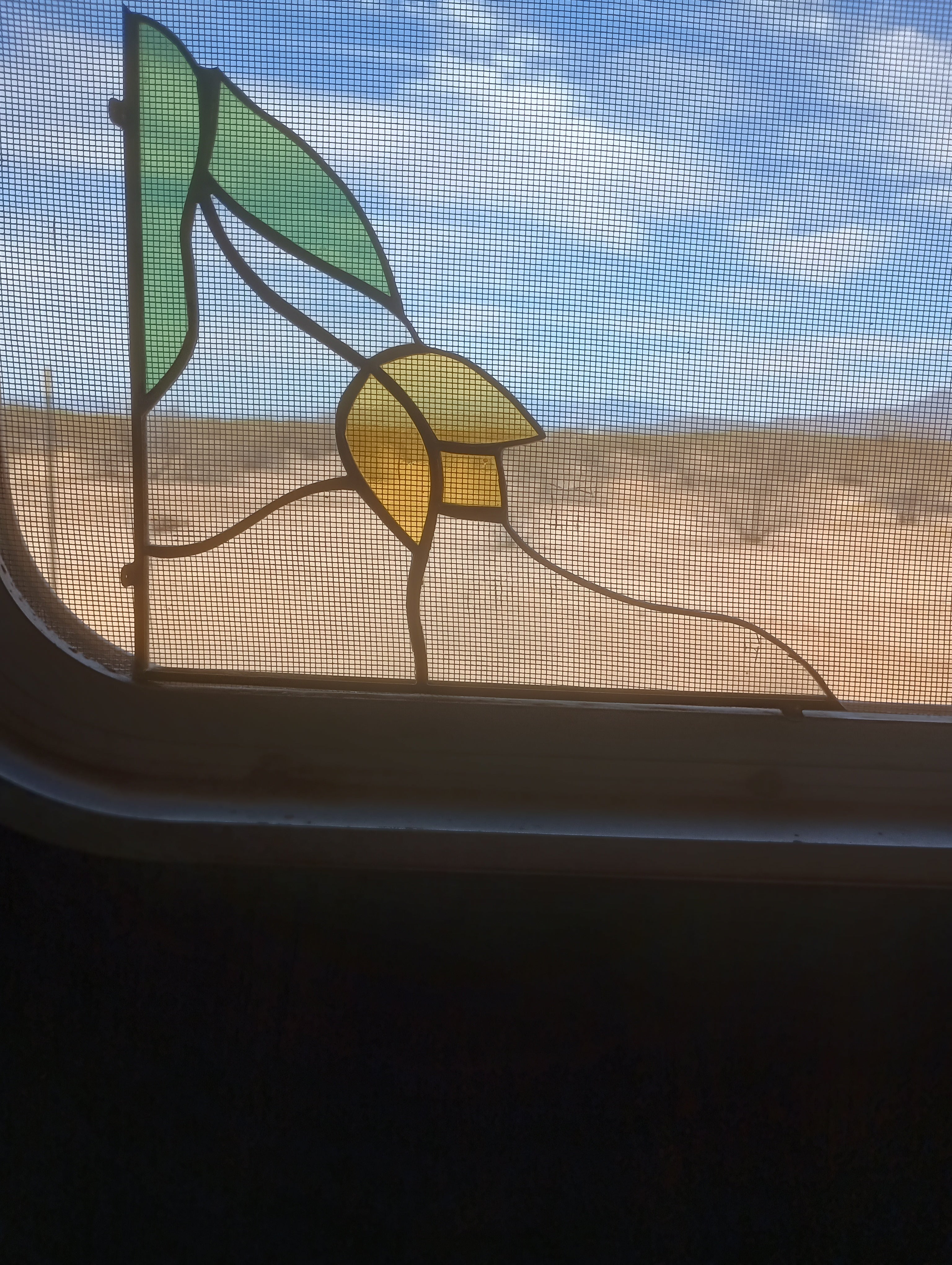 Vintage Hand-Crafted Stained Glass Tulip Window Corner Panels - Pair