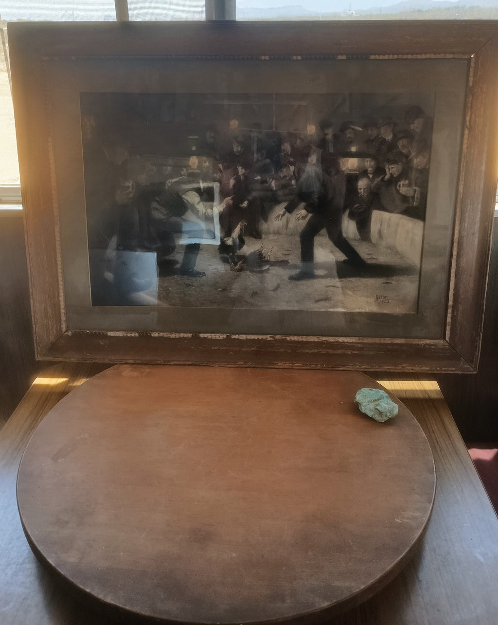 Authentic 1903 Antique Edwardian Underground Cockfight Scene Painting