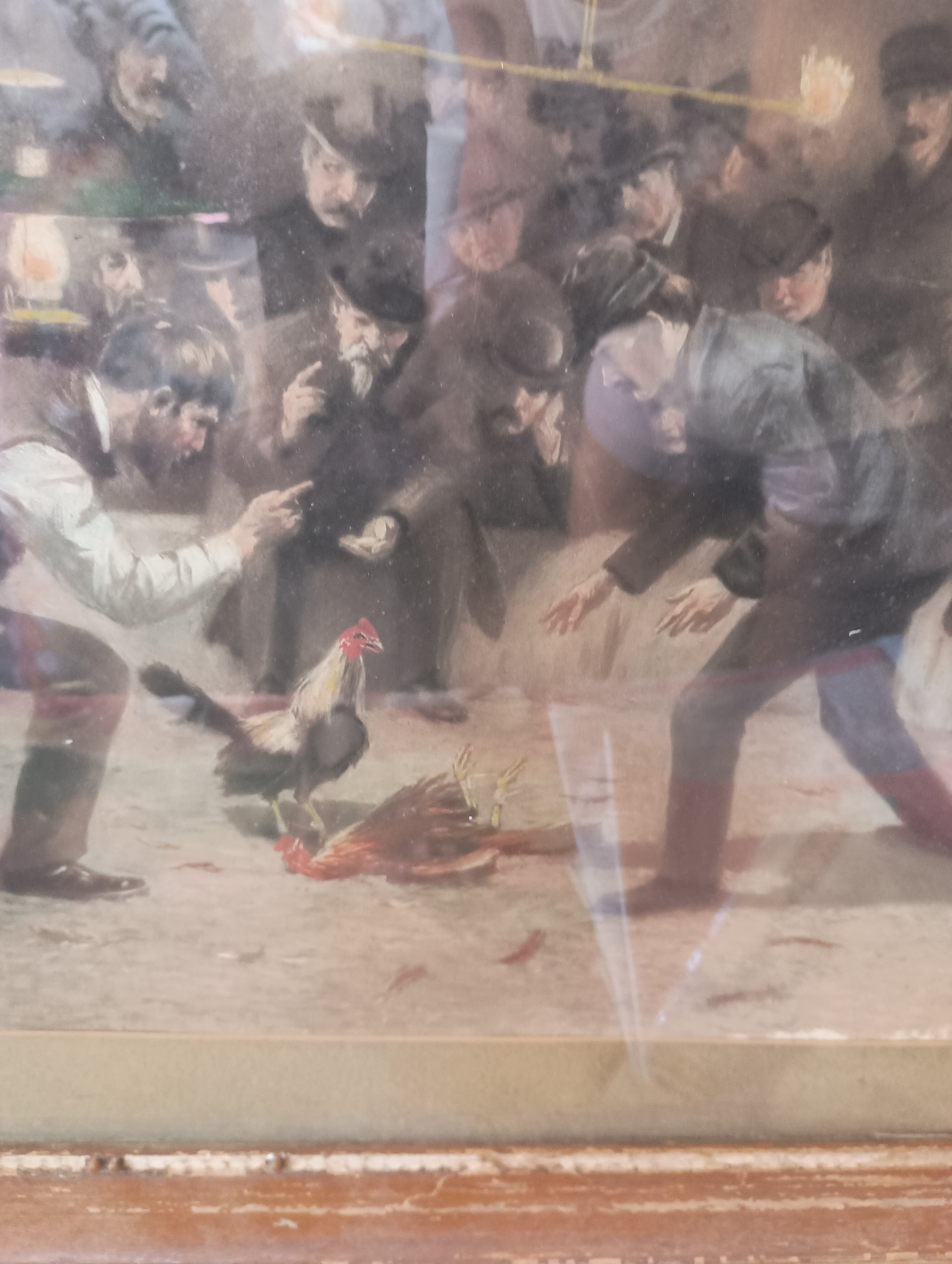 Authentic 1903 Antique Edwardian Underground Cockfight Scene Painting