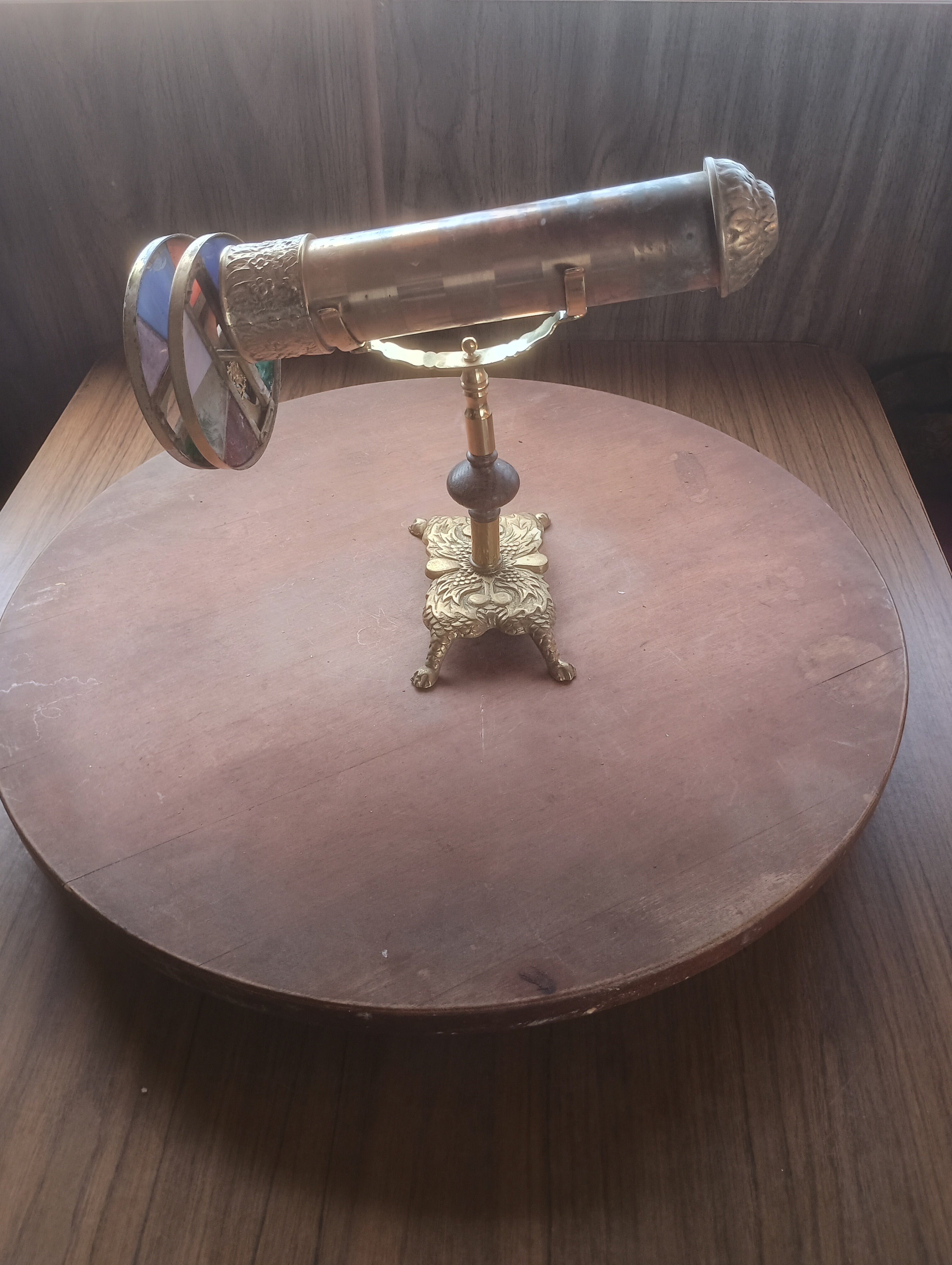 Vintage Handmade Brass & Stained Glass Parlor Tabletop Kaleidoscope