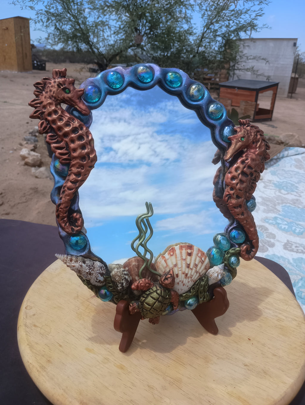 "Creature Creature" Hand-Sculpted Seahorse Fantasy Mirror & Ceramic Conch Soap Dish Set