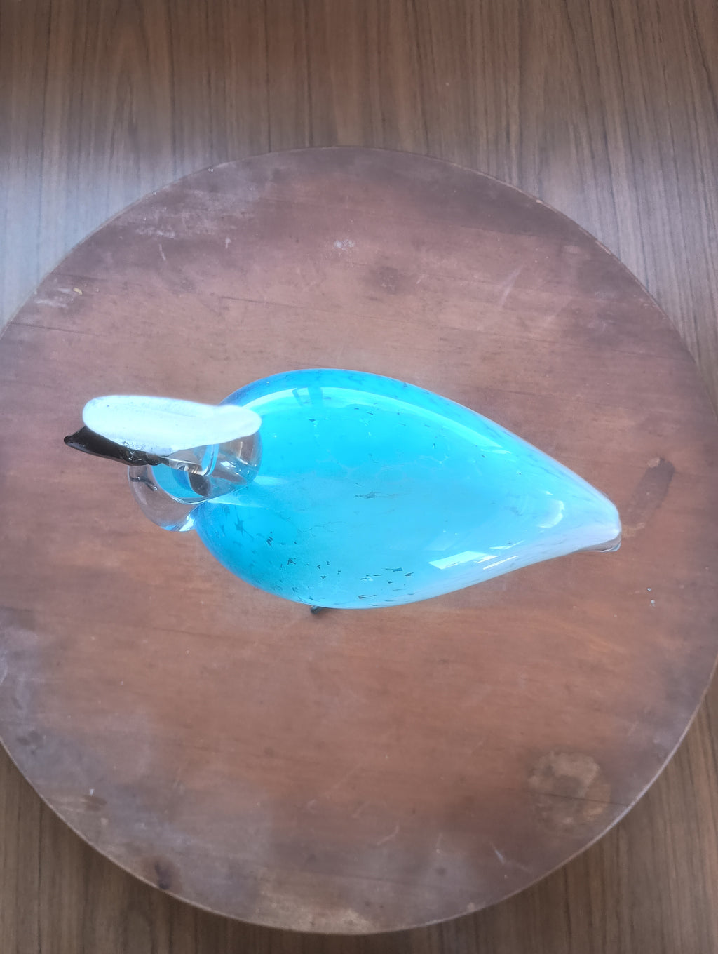 Vintage Mid-Century Murano Style Aqua Blown Art Glass Heron on Welded Metal Legs