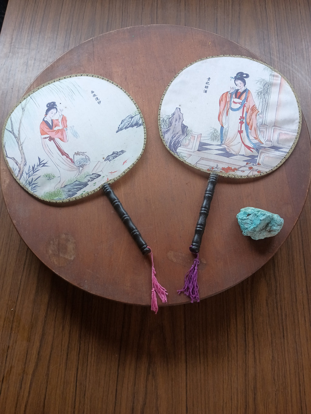 Pair of Vintage Silk "Tuan Shan" Round Hand Fans