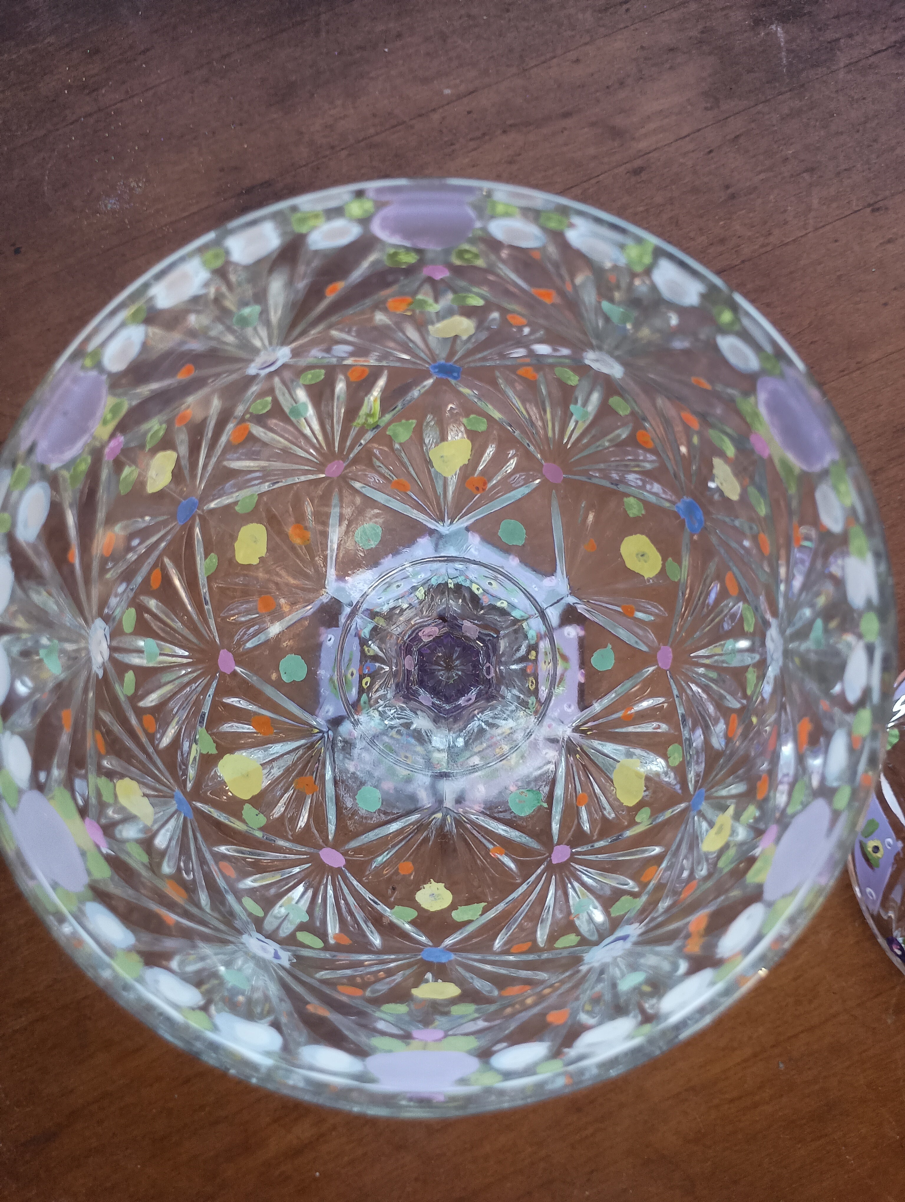 Hand-Painted Floral Cut Crystal Footed Egg Dish