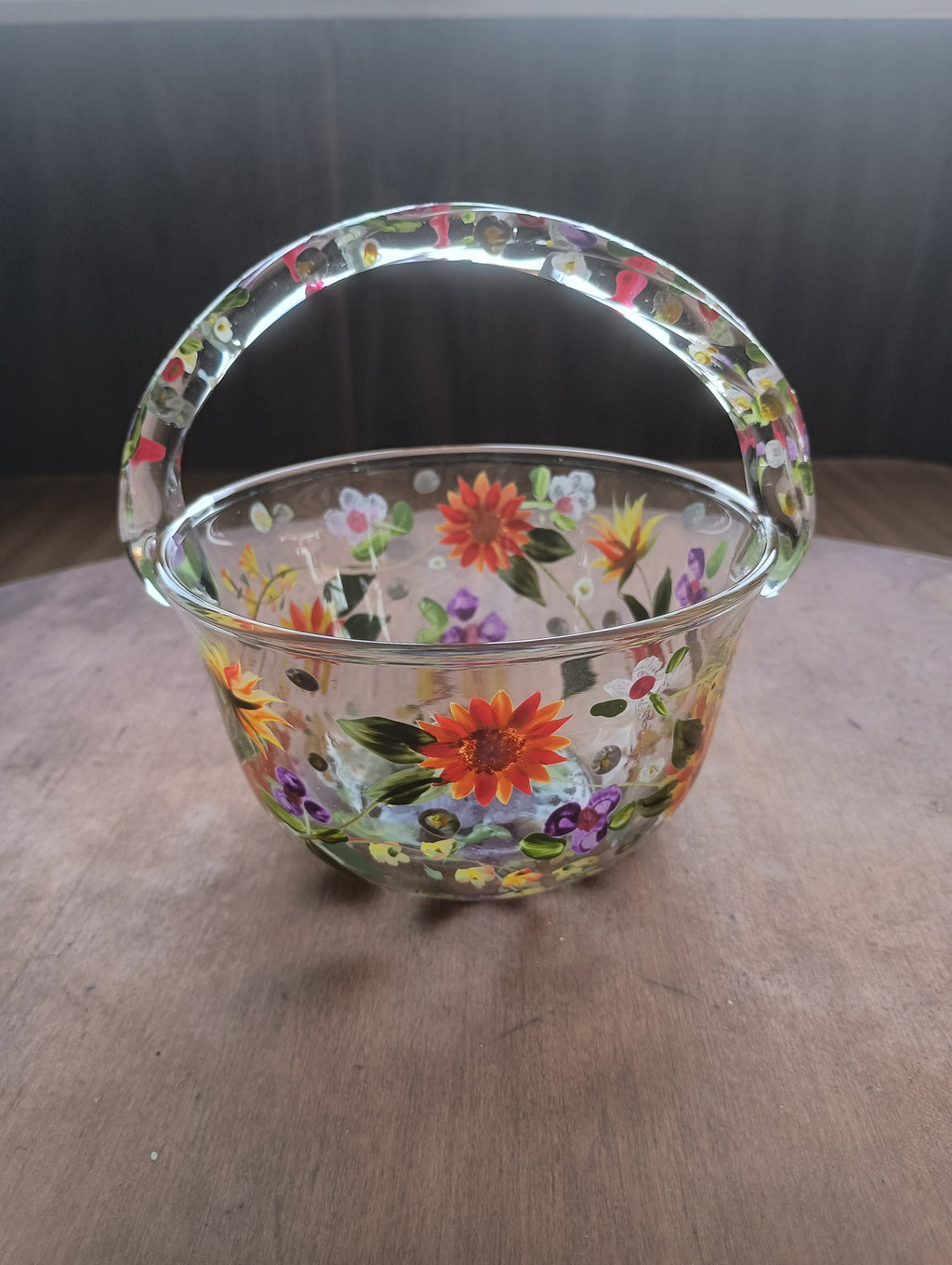 Hand-Painted "Wildflower Meadow" Glass Basket & Candle Holder Set