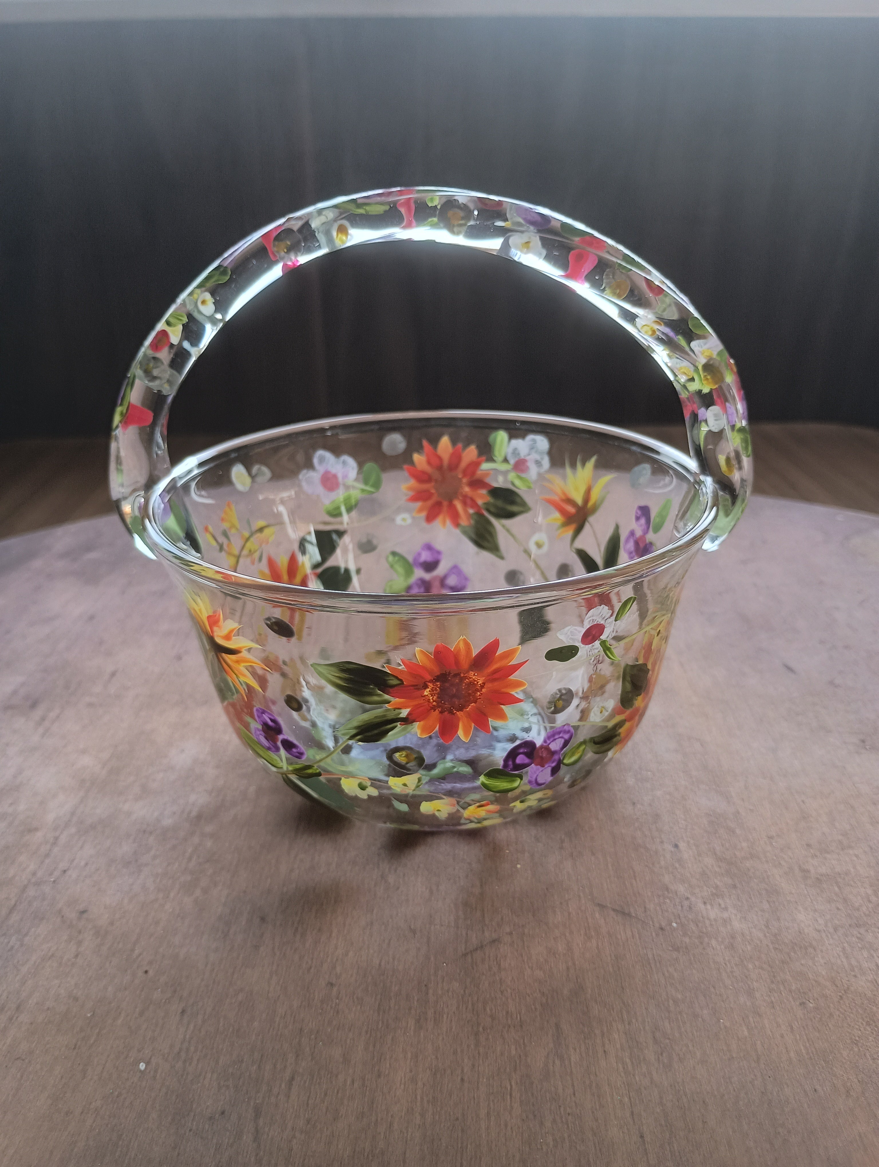 Hand-Painted "Wildflower Meadow" Glass Basket & Candle Holder Set