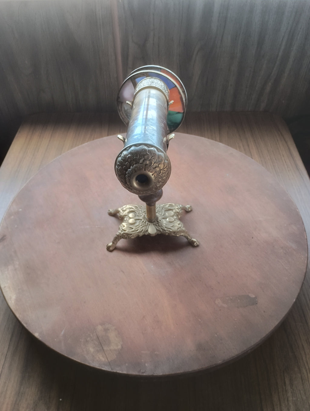Vintage Handmade Brass & Stained Glass Parlor Tabletop Kaleidoscope