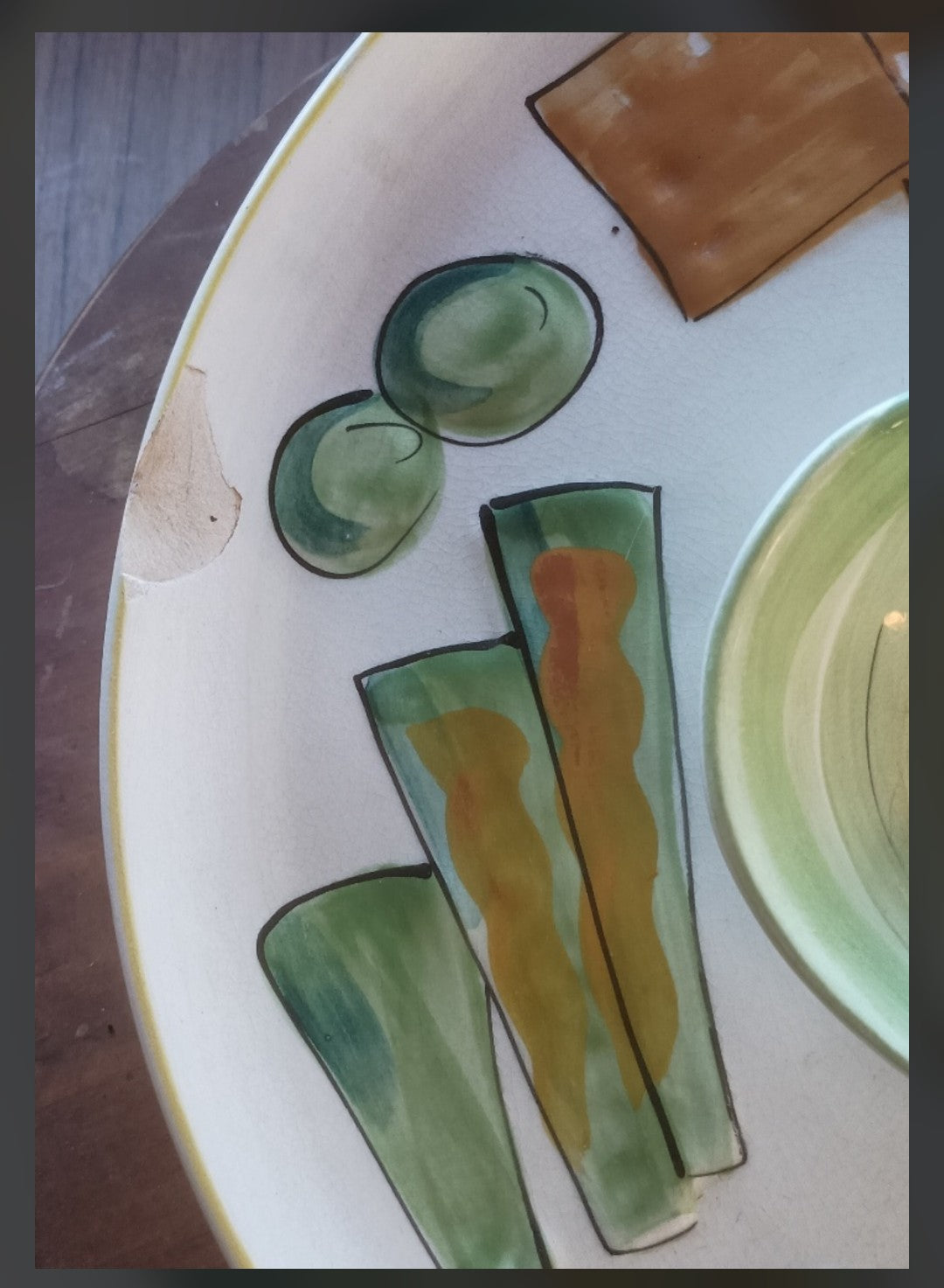 Vintage Mid-Century Hand-Painted Ceramic Charcuterie Platter with Built-In Dip Bowl