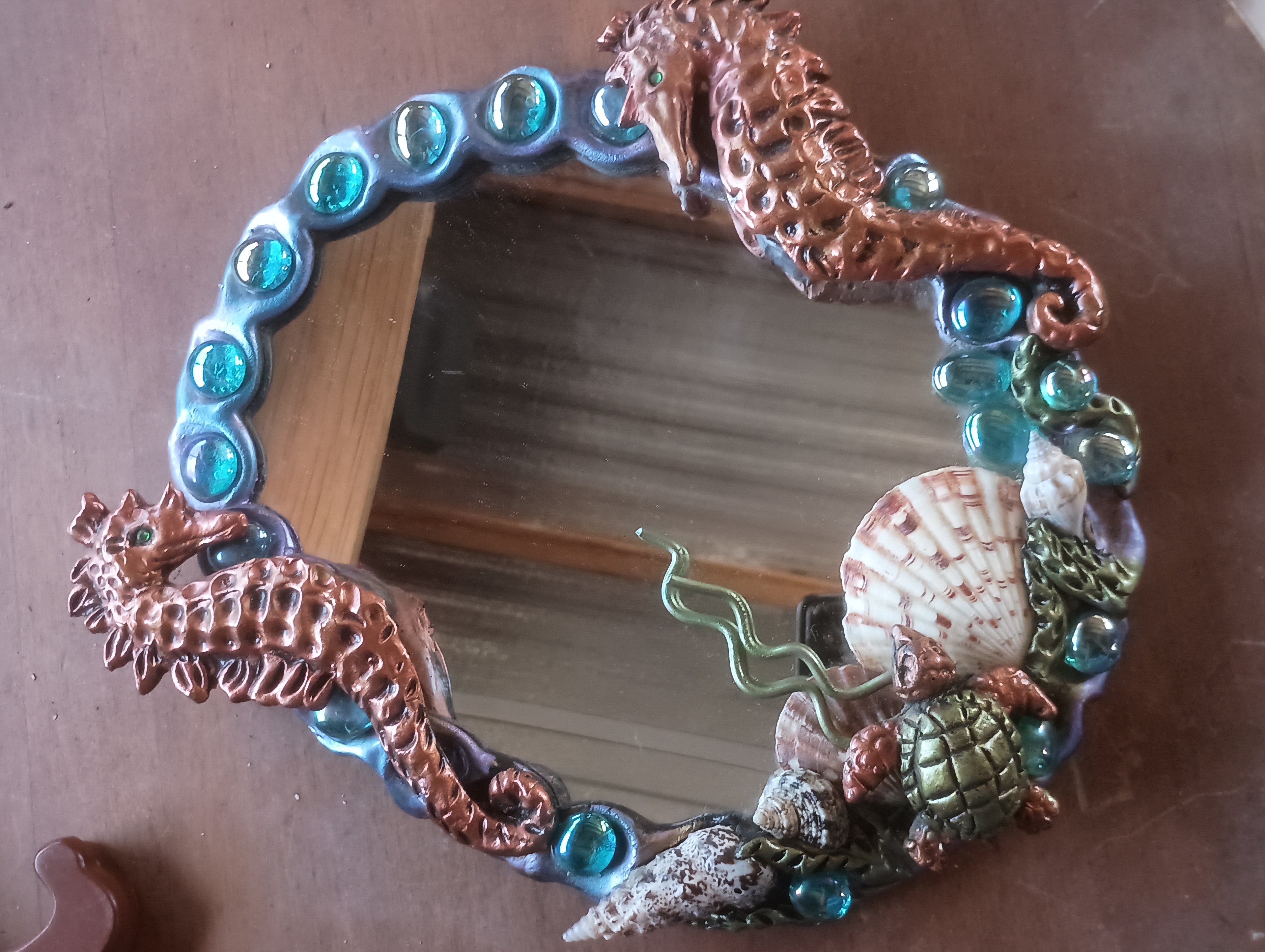 "Creature Creature" Hand-Sculpted Seahorse Fantasy Mirror & Ceramic Conch Soap Dish Set