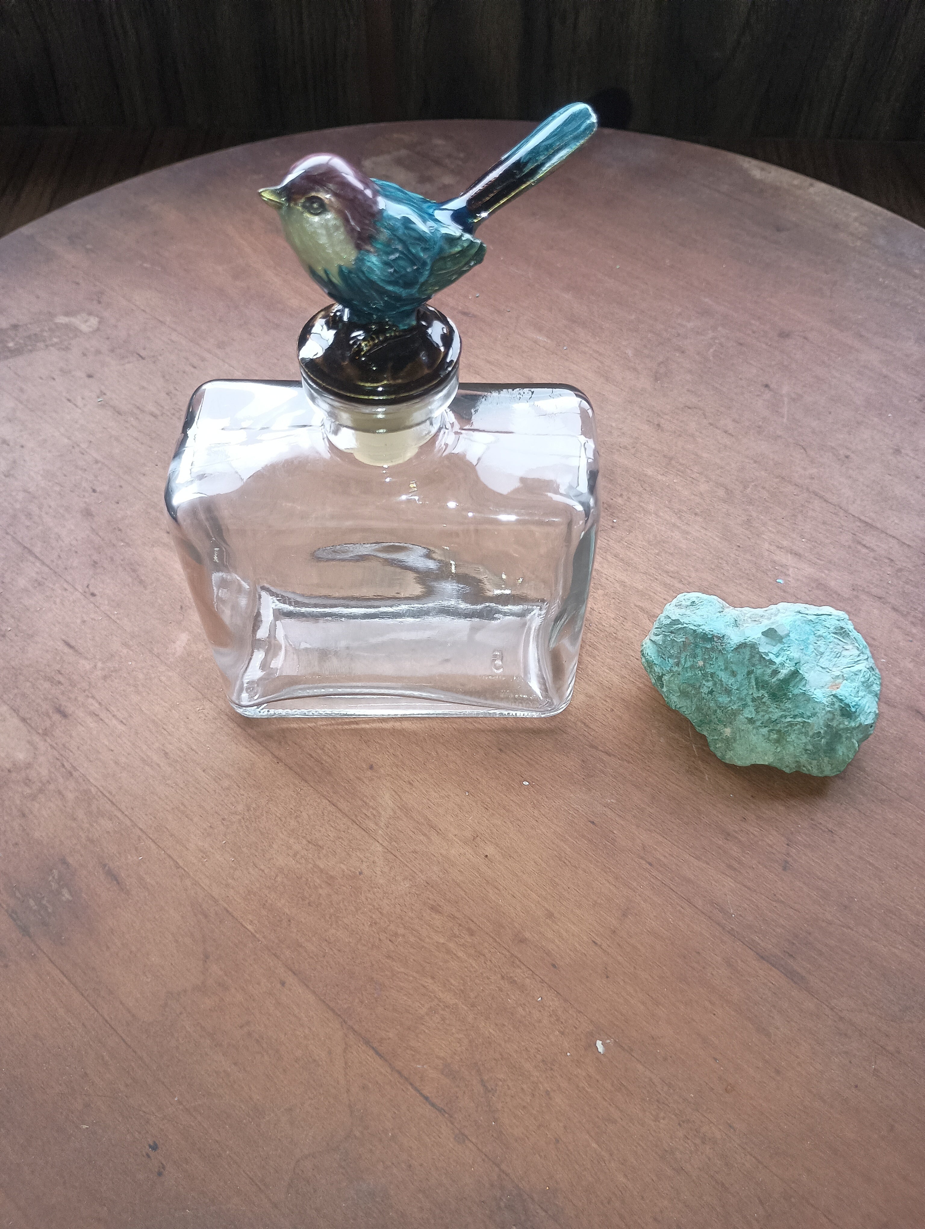 Vintage Enameled Bluebird Glass Decanter / Perfume Bottle
