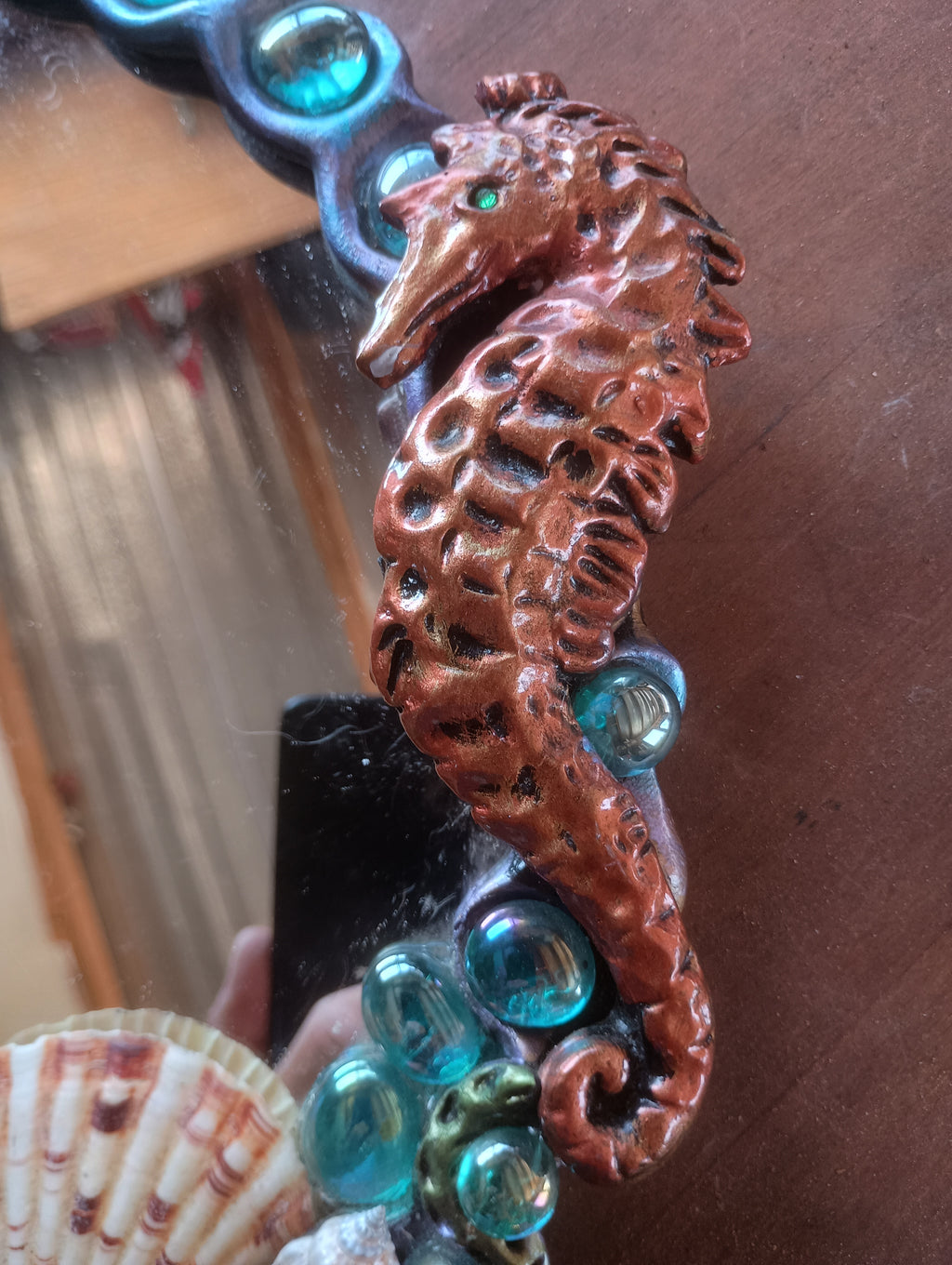 "Creature Creature" Hand-Sculpted Seahorse Fantasy Mirror & Ceramic Conch Soap Dish Set