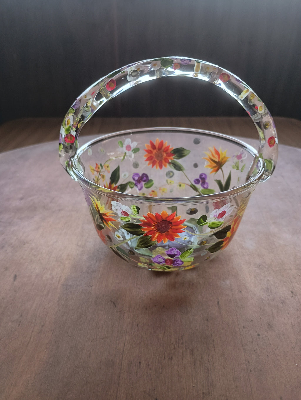 Hand-Painted "Wildflower Meadow" Glass Basket & Candle Holder Set