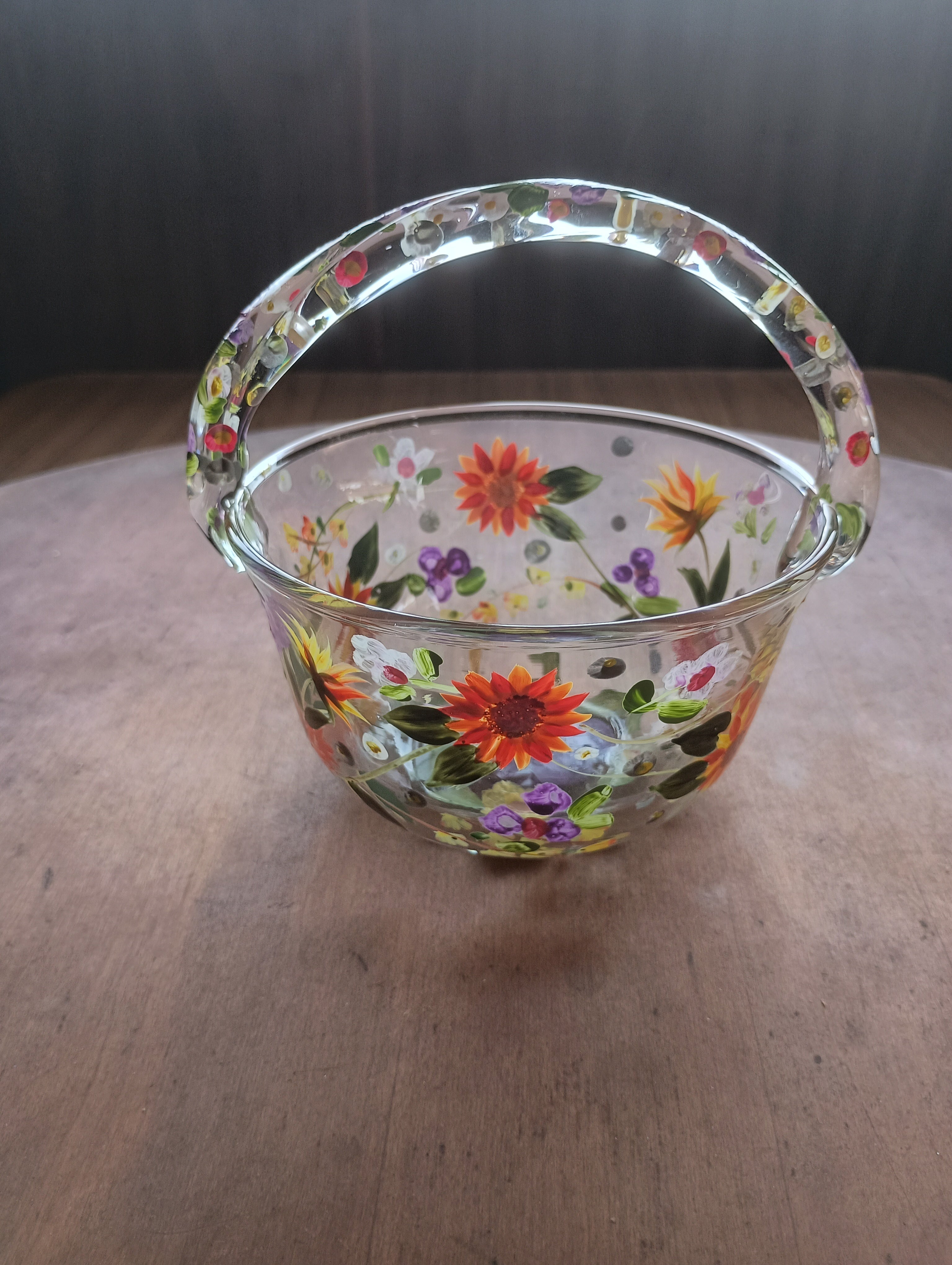 Hand-Painted "Wildflower Meadow" Glass Basket & Candle Holder Set