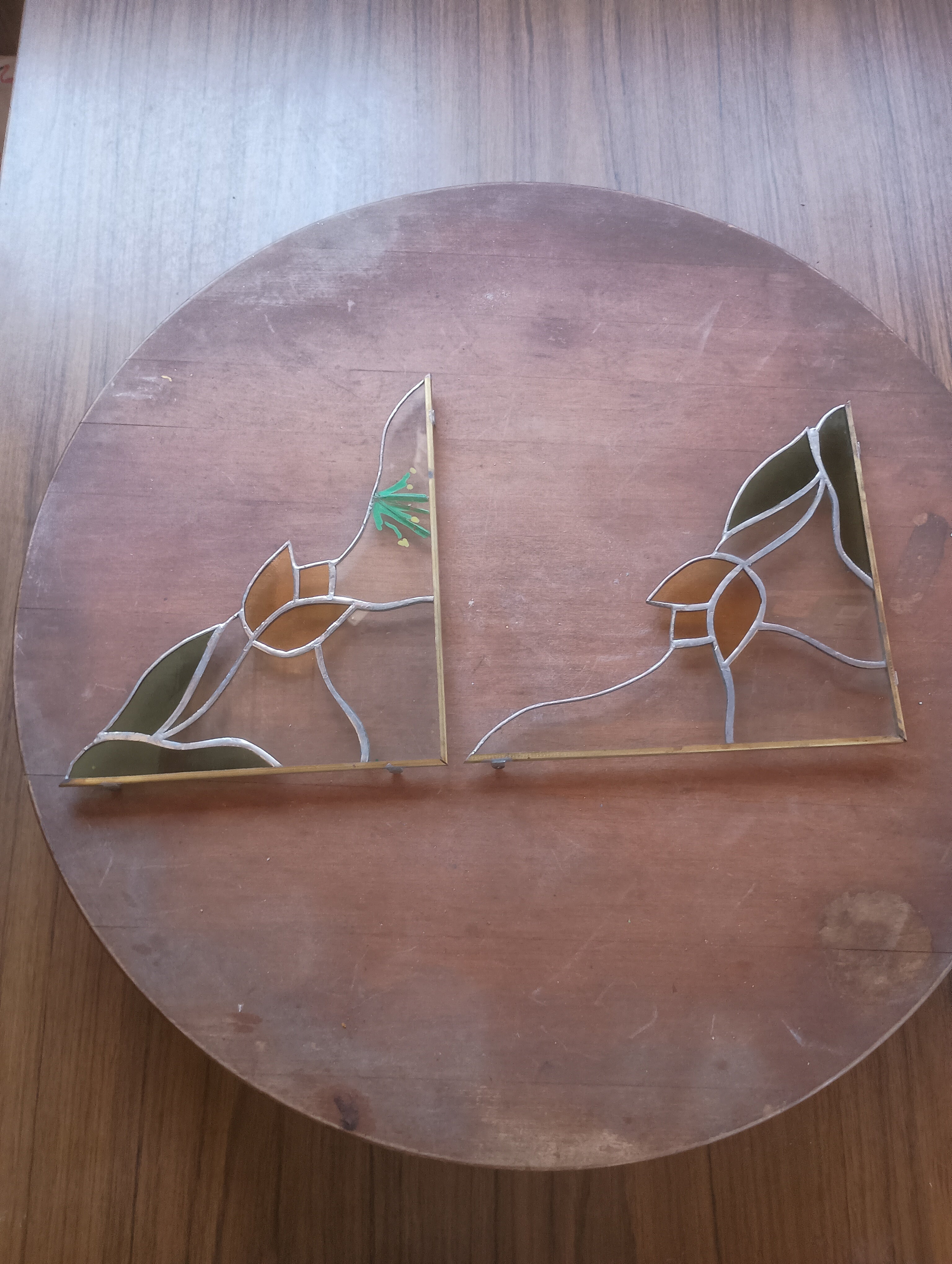 Vintage Hand-Crafted Stained Glass Tulip Window Corner Panels - Pair