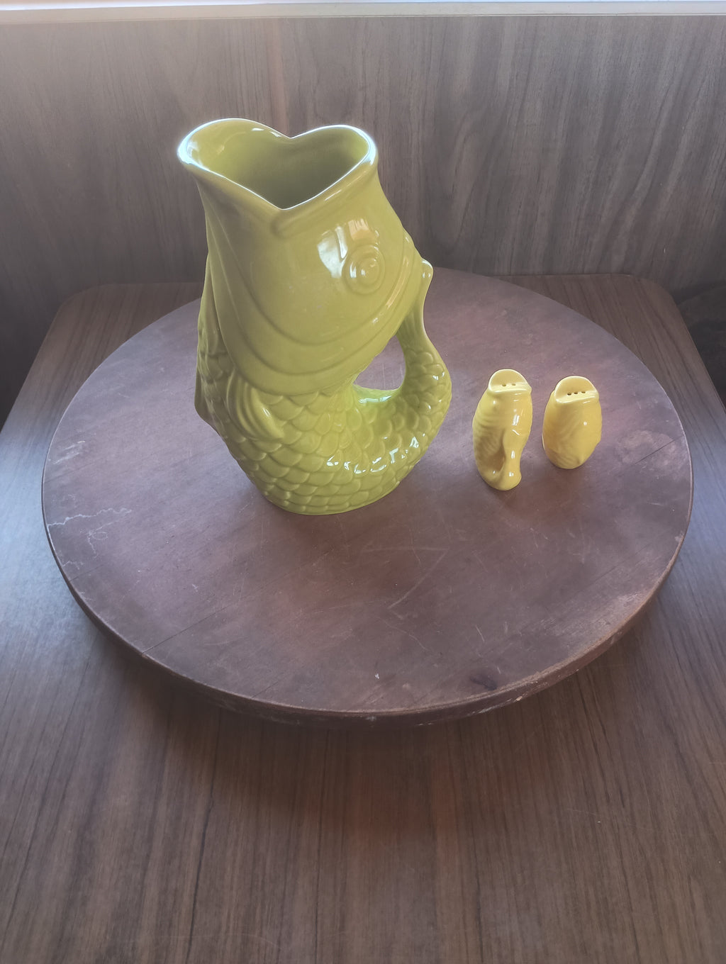 "Bistro Brights" Chartreuse Fish Gluggle Pitcher & Yellow Fish Salt/Pepper Shaker Set