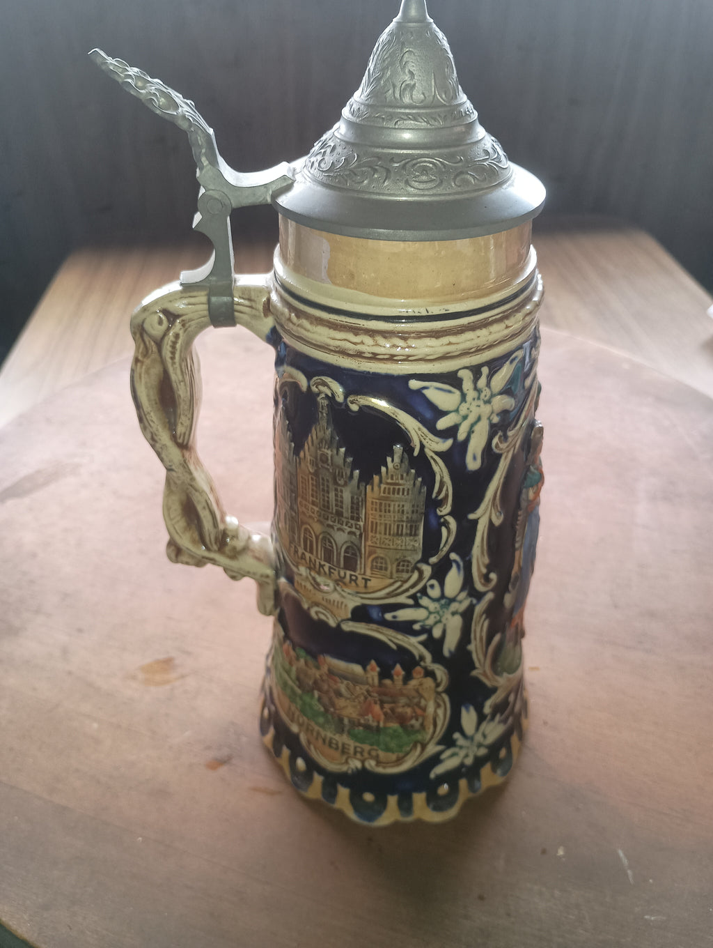 Grand 12" "Cities of Germany" Relief Stein with Pewter Lid