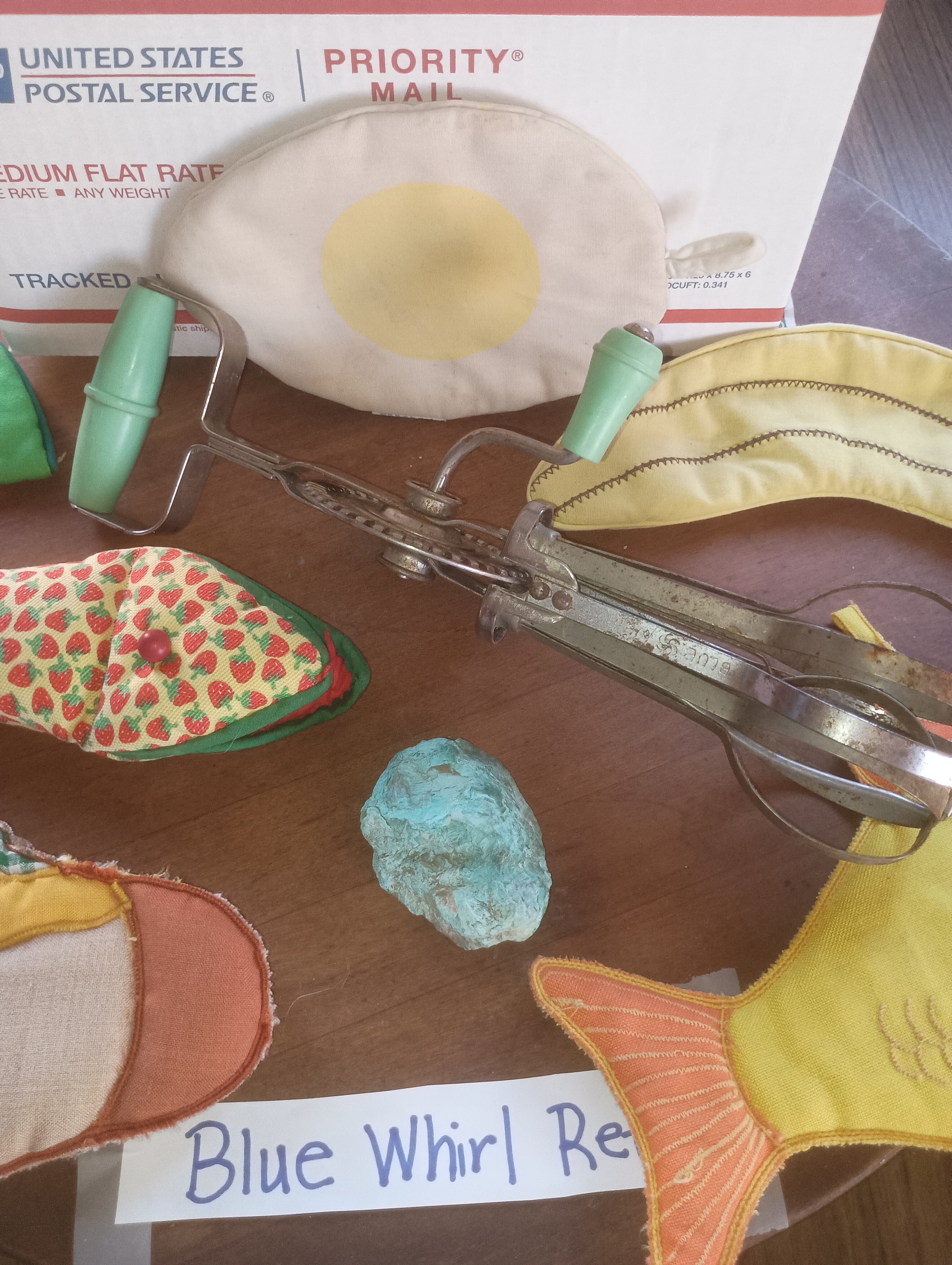 Blue Whirl Retro Pop-Art Mystery Box - 1940s Mechanical Egg Beater & Quirky Food Potholder Set