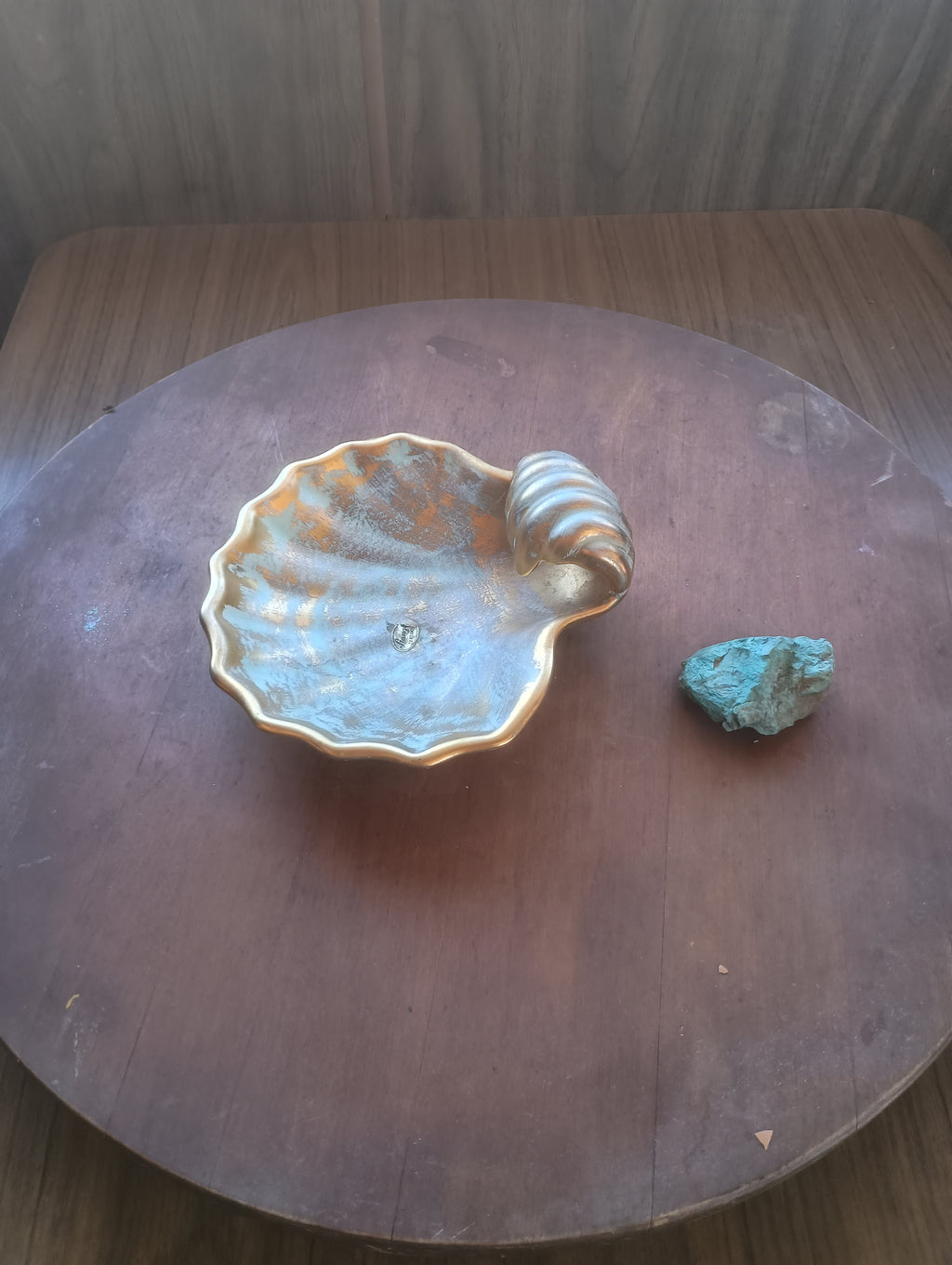 Vintage Mid-Century Stangl Pottery Iridescent Gold & Turquoise Shell Dish - #4018