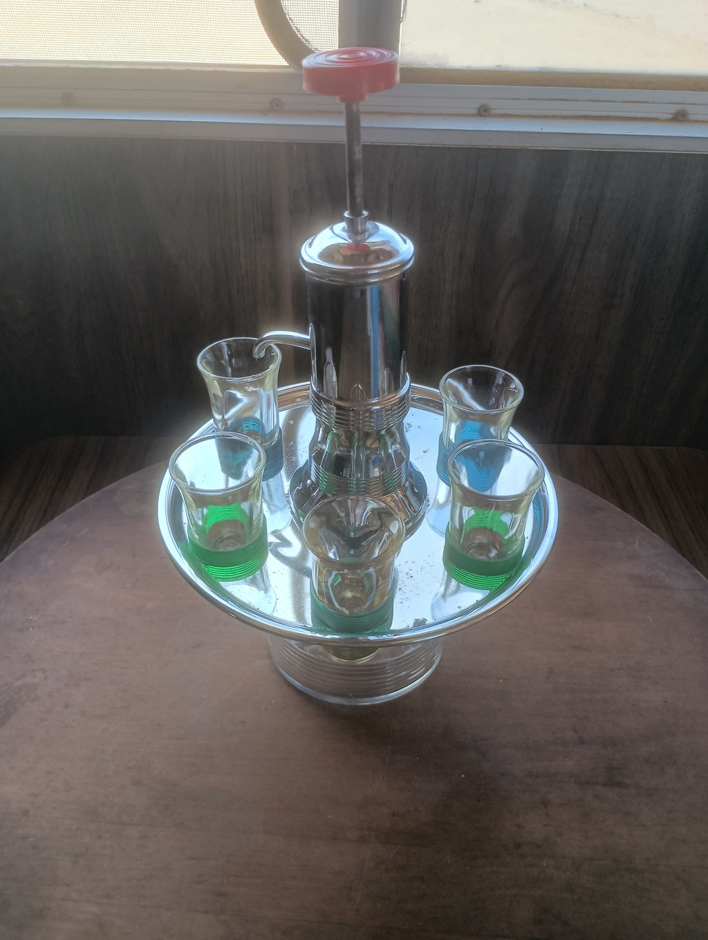 Vintage 1950s Atomic Chrome Liquor Pump Carousel Set