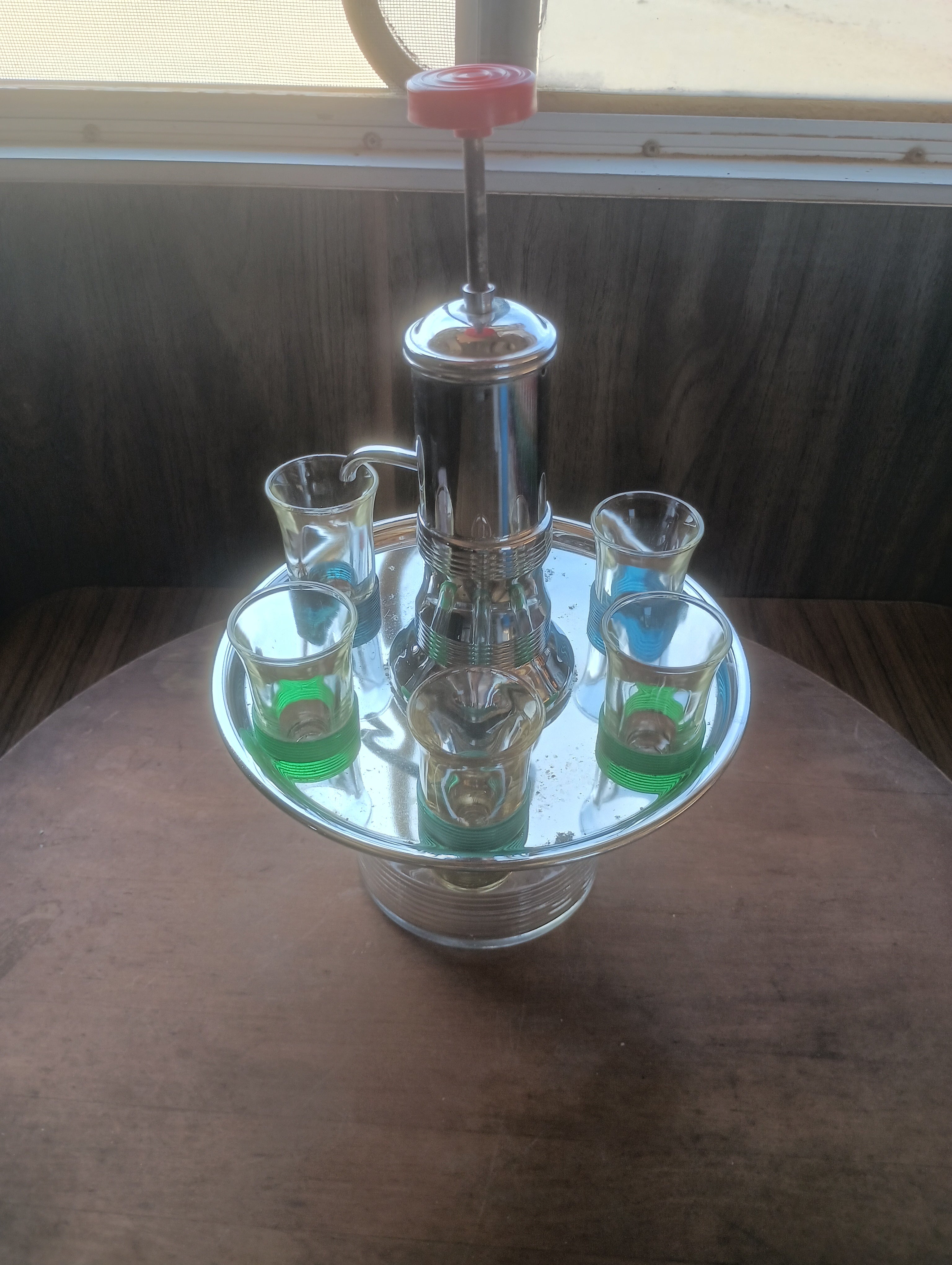 Vintage 1950s Atomic Chrome Liquor Pump Carousel Set