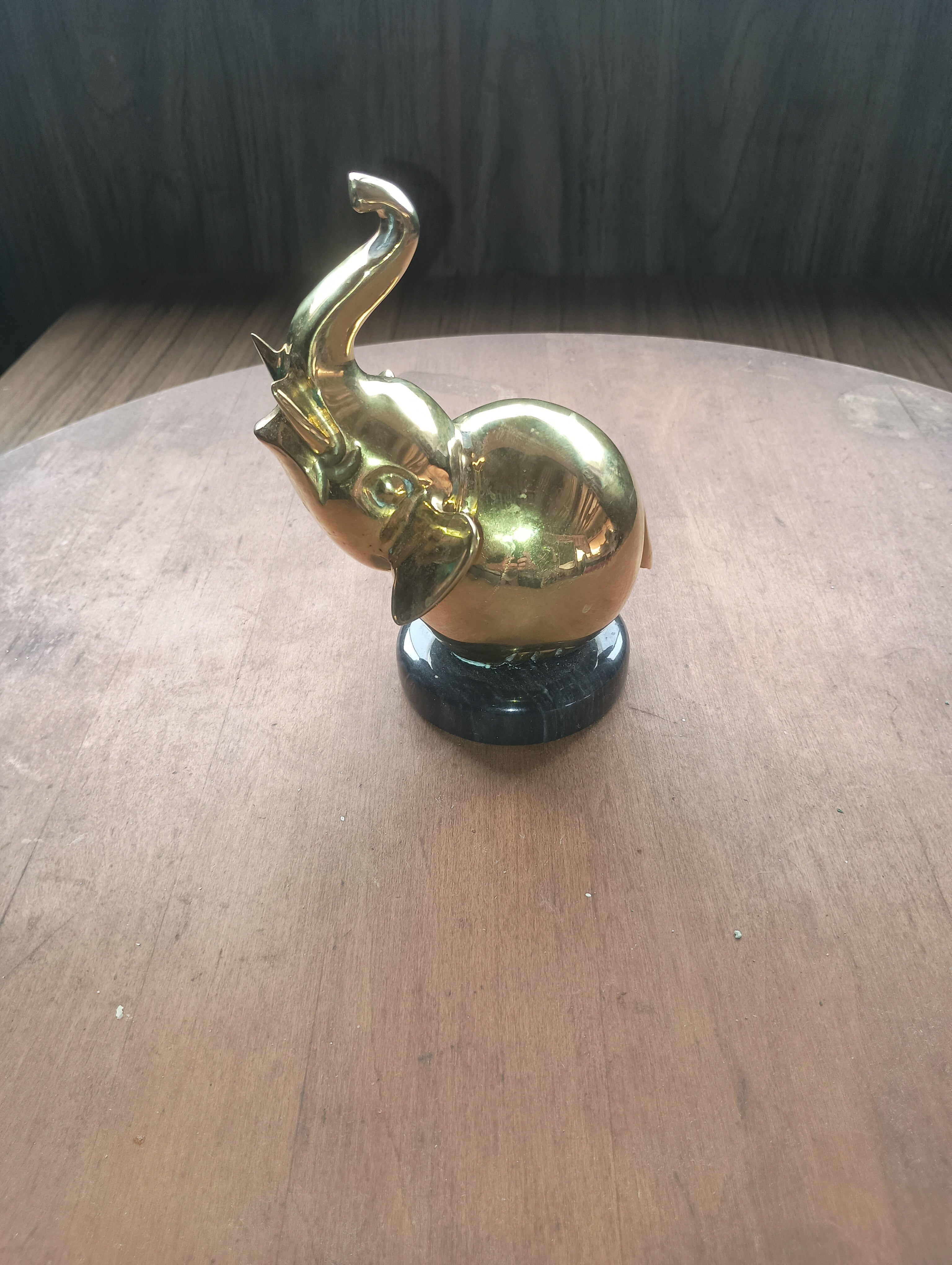 Vintage Polished Brass Elephant on Solid Marble Base