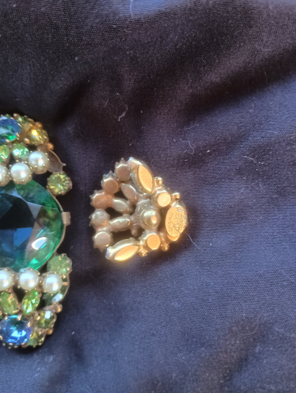 1950s Original by Robert Signed Emerald Rhinestone & Pearl Brooch & Bracelet Set
