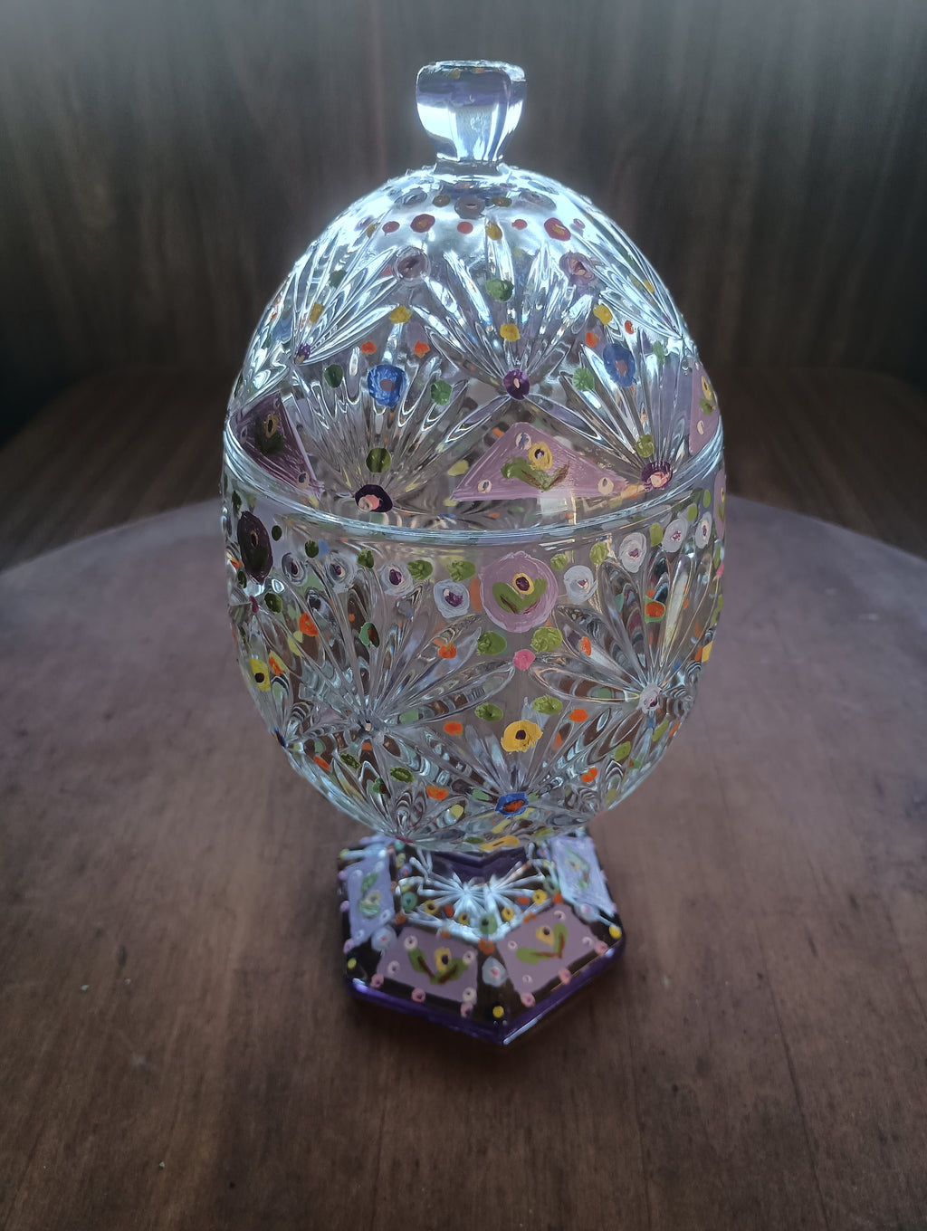 Hand-Painted Floral Cut Crystal Footed Egg Dish