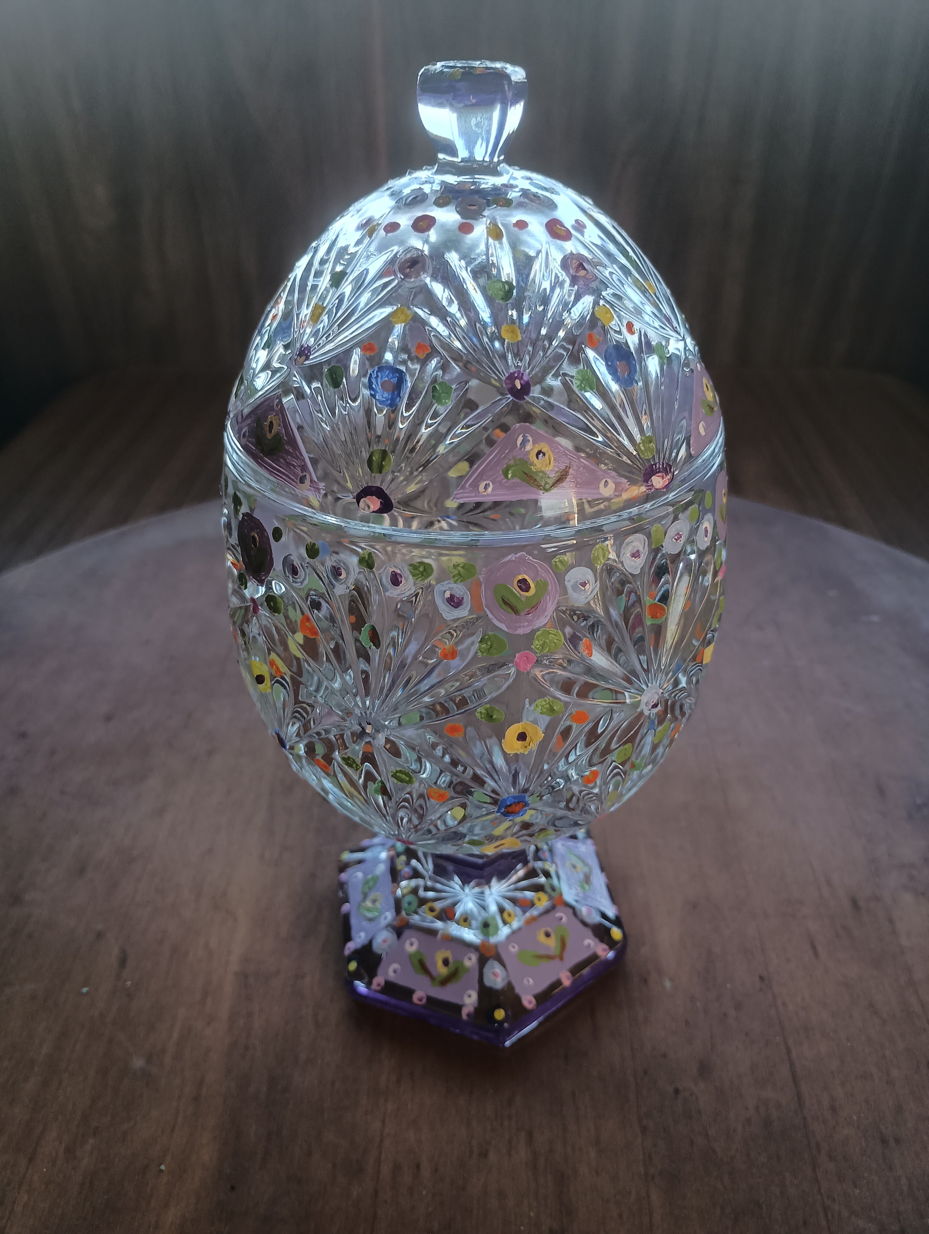 Hand-Painted Floral Cut Crystal Footed Egg Dish