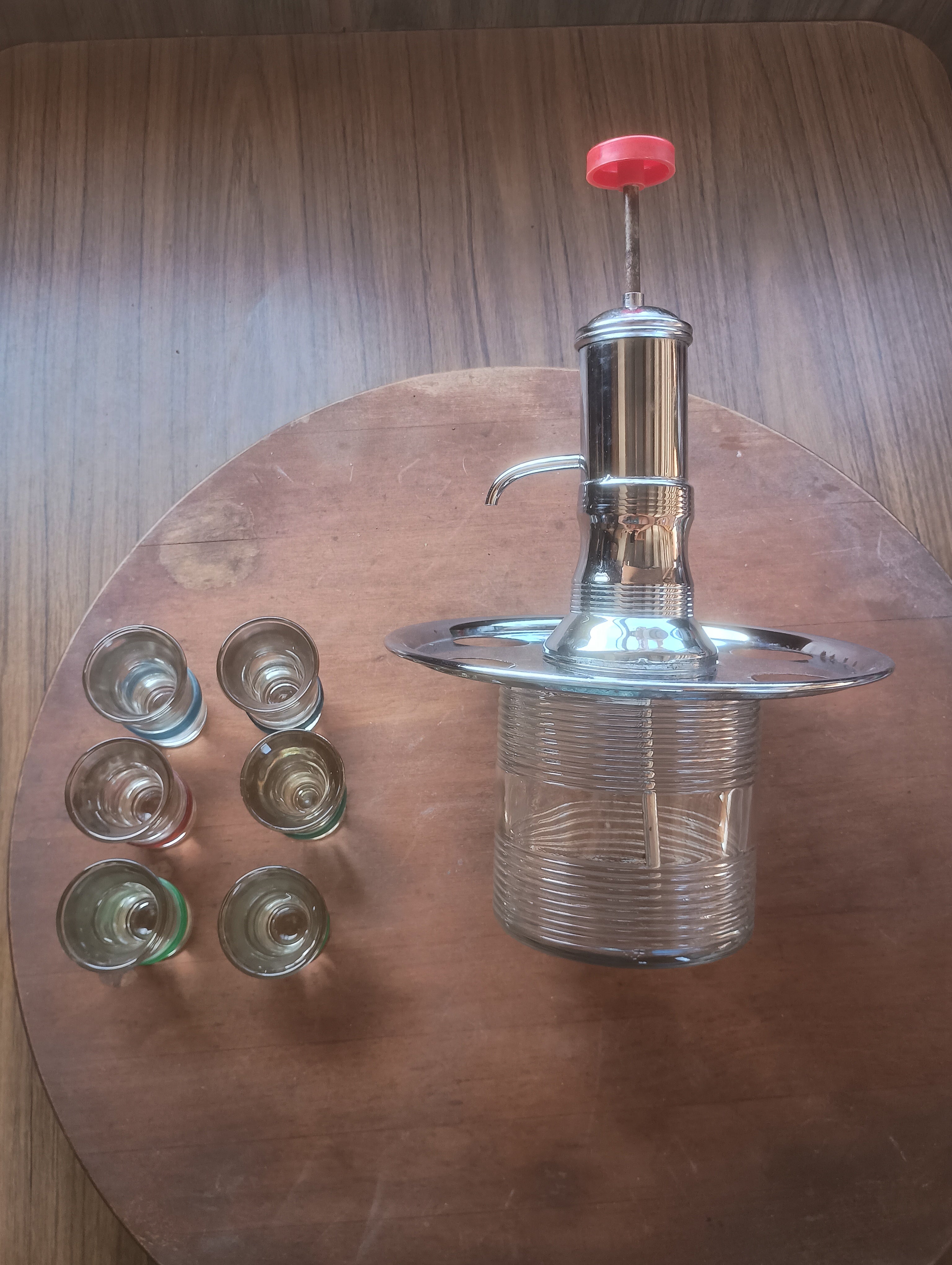 Vintage 1950s Atomic Chrome Liquor Pump Carousel Set