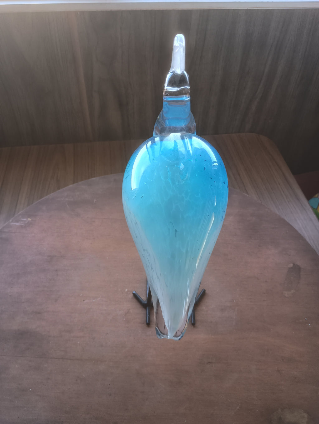 Vintage Mid-Century Murano Style Aqua Blown Art Glass Heron on Welded Metal Legs
