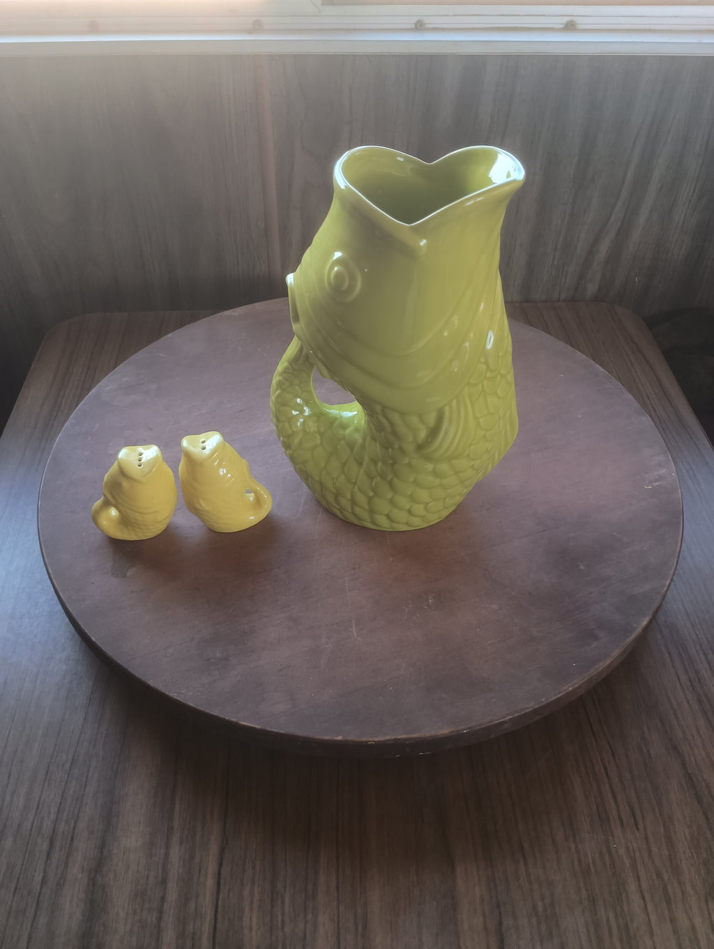 "Bistro Brights" Chartreuse Fish Gluggle Pitcher & Yellow Fish Salt/Pepper Shaker Set