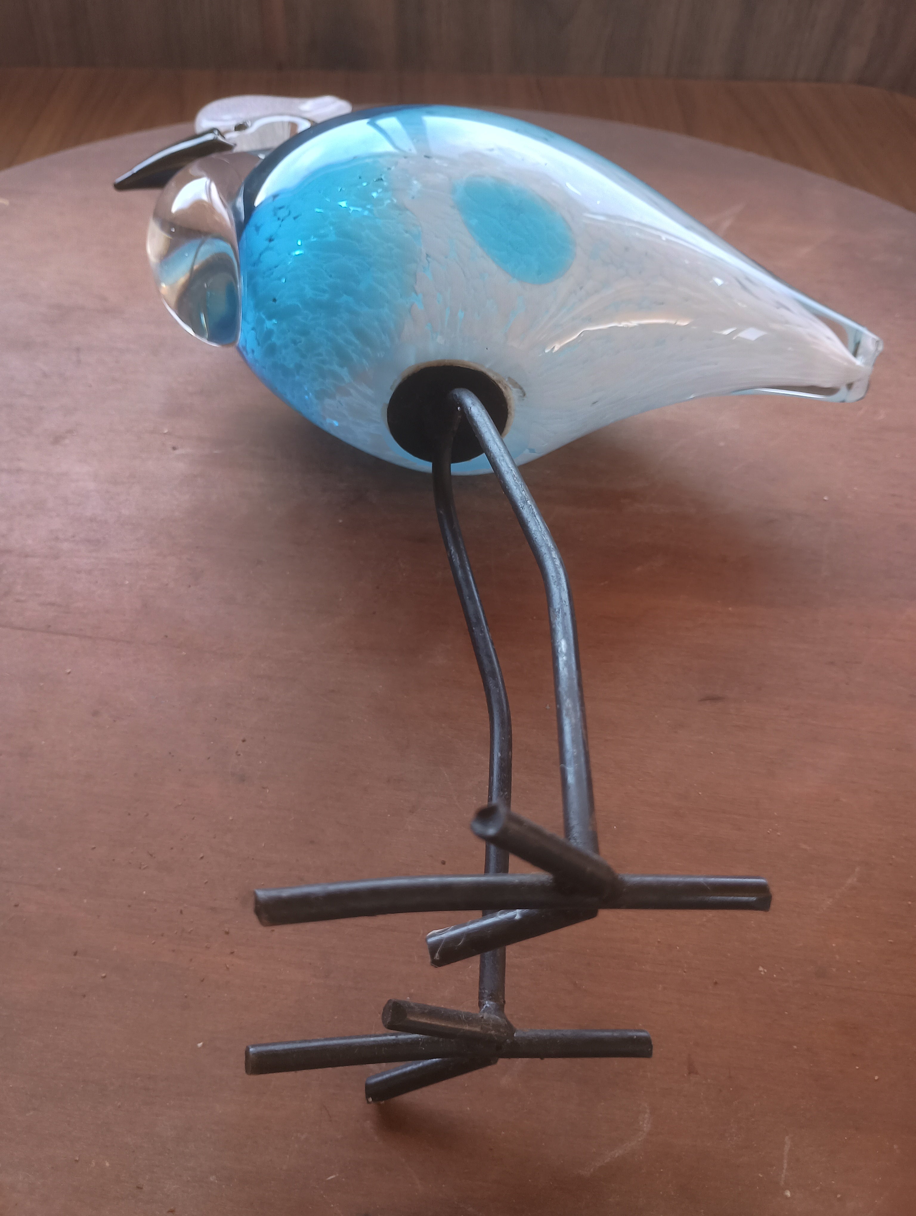 Vintage Mid-Century Murano Style Aqua Blown Art Glass Heron on Welded Metal Legs