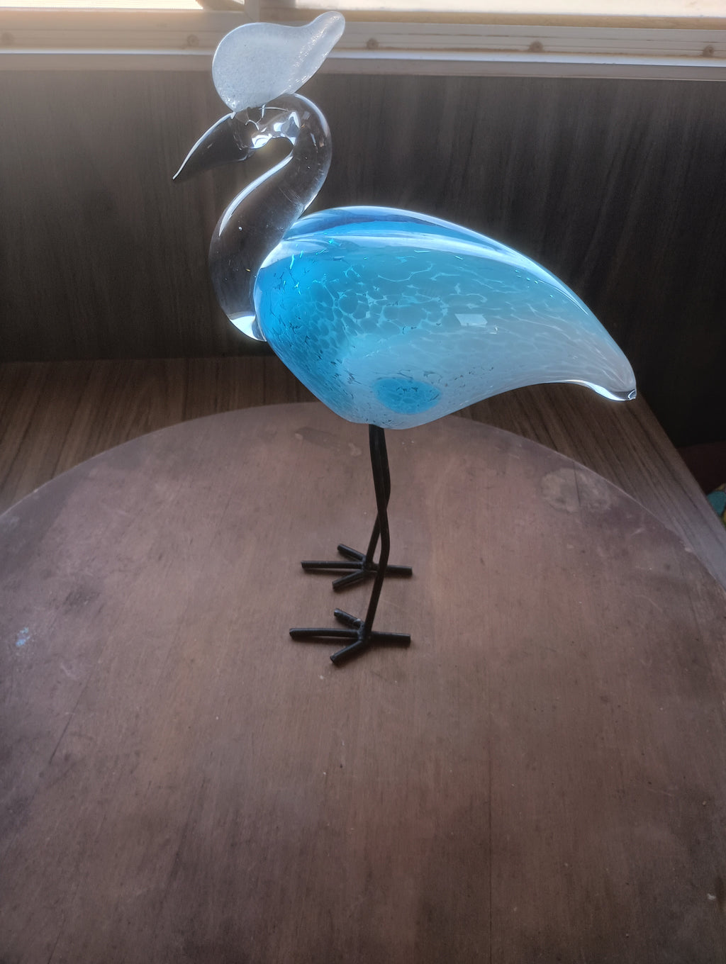 Vintage Mid-Century Murano Style Aqua Blown Art Glass Heron on Welded Metal Legs