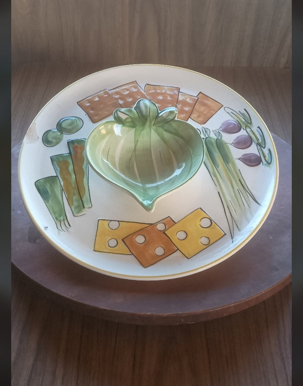 Vintage Mid-Century Hand-Painted Ceramic Charcuterie Platter with Built-In Dip Bowl
