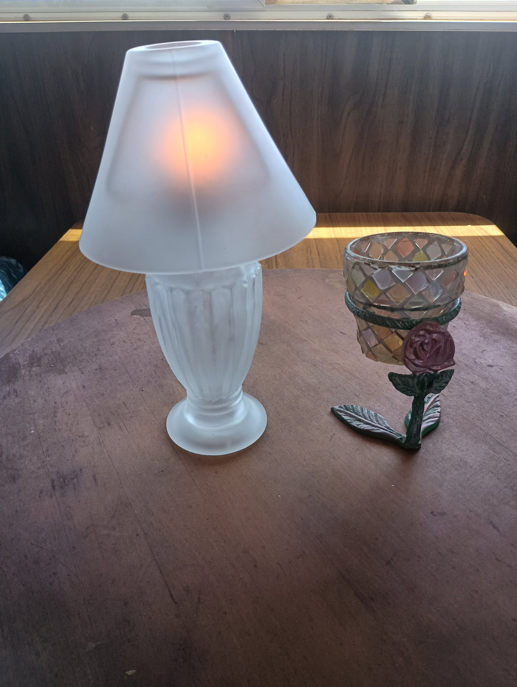Vintage Frosted Glass "Vanity Glow" Lamp & Mosaic Pot with Rose Brass Stand