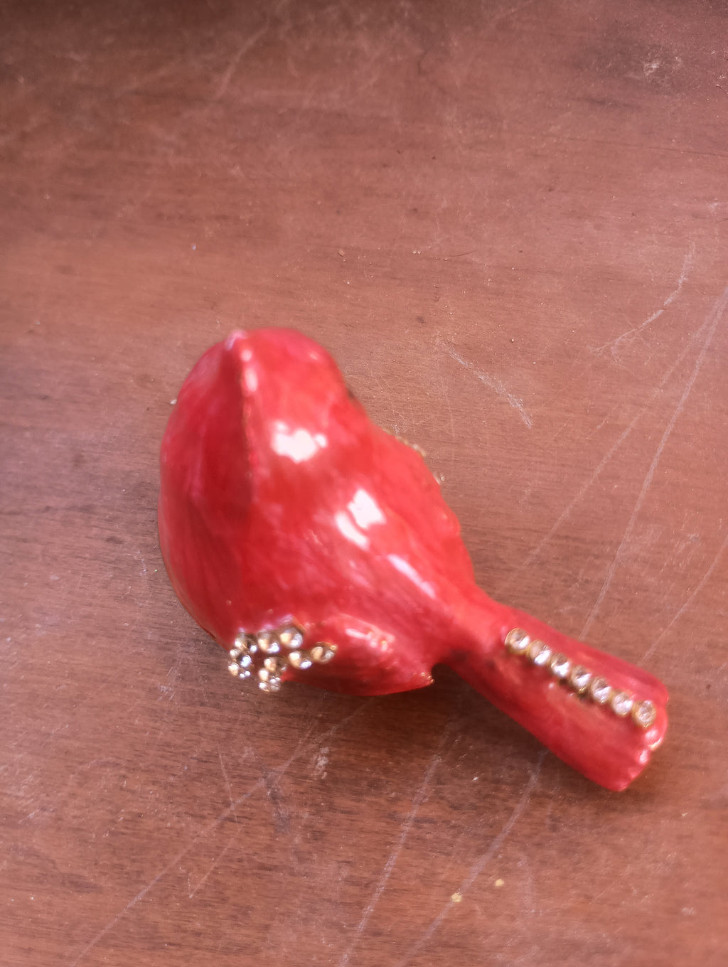 Bejeweled Red Cardinal Enamel Trinket Box - Rhinestone Accented Keepsake