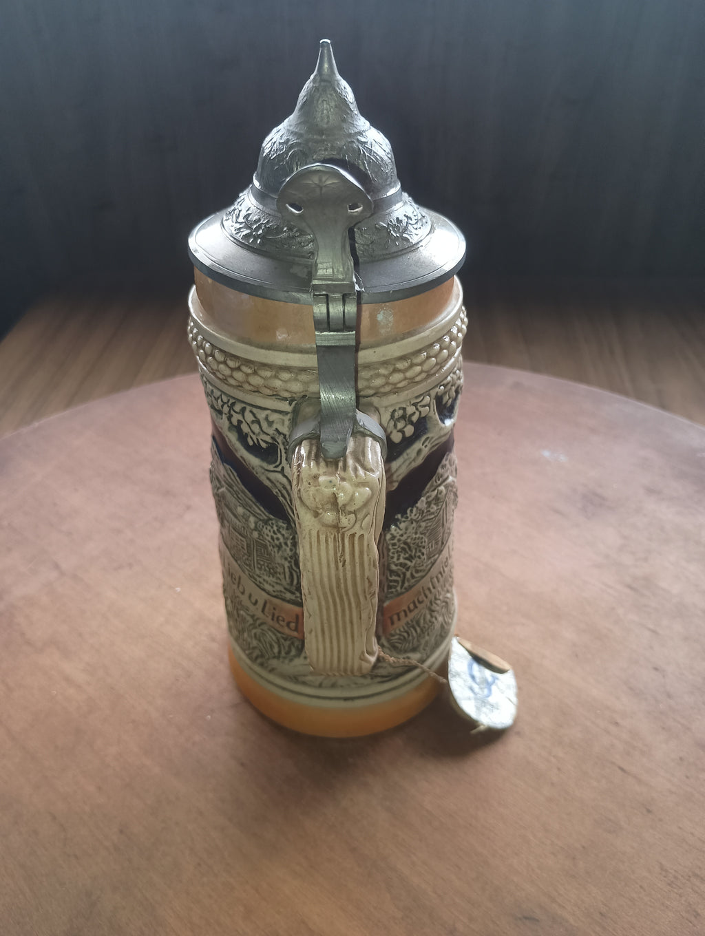 Authentic Gerz "Bier, Lieb u. Lied" Relief Stein with Original Factory Tag
