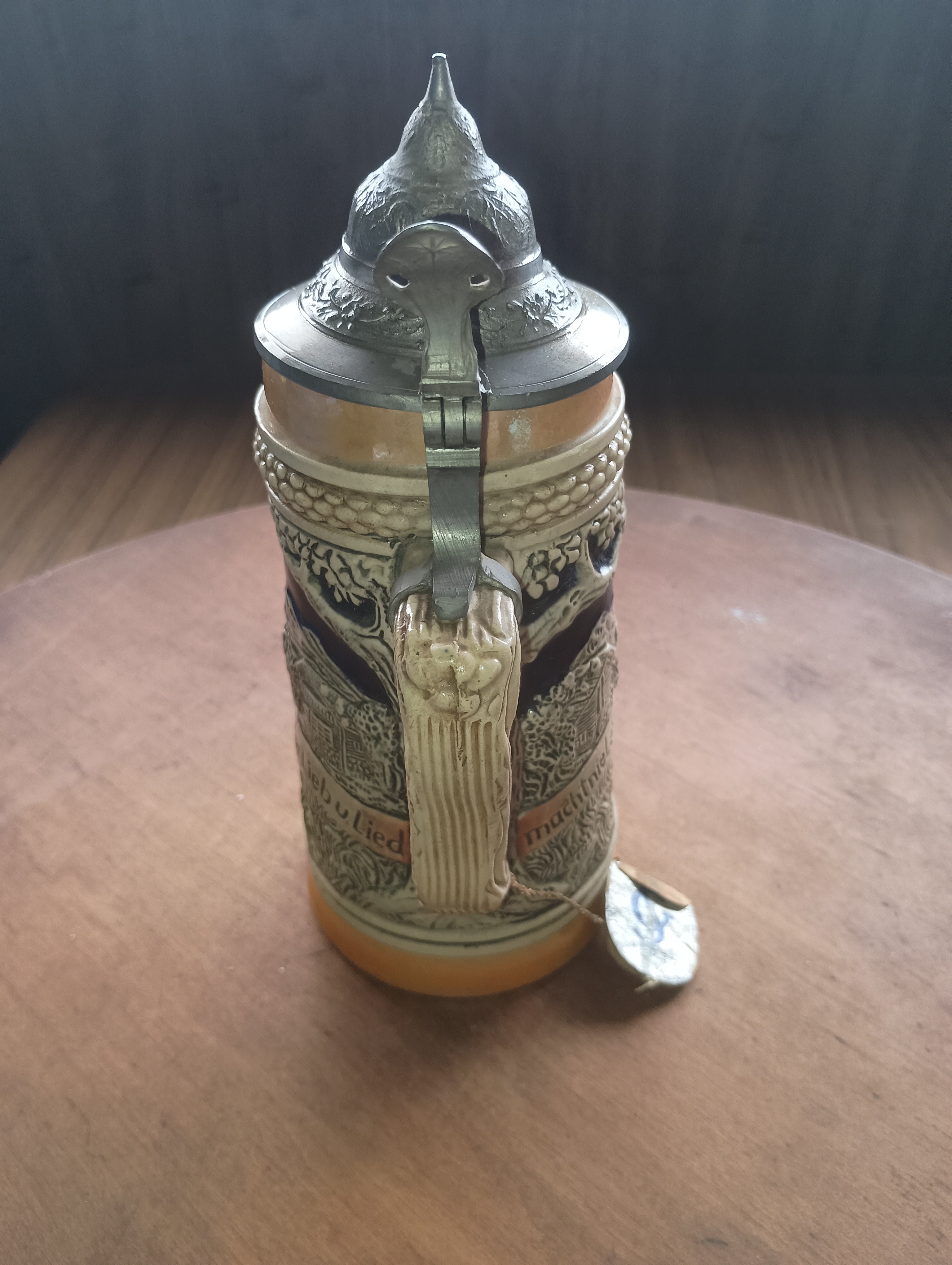 Authentic Gerz "Bier, Lieb u. Lied" Relief Stein with Original Factory Tag