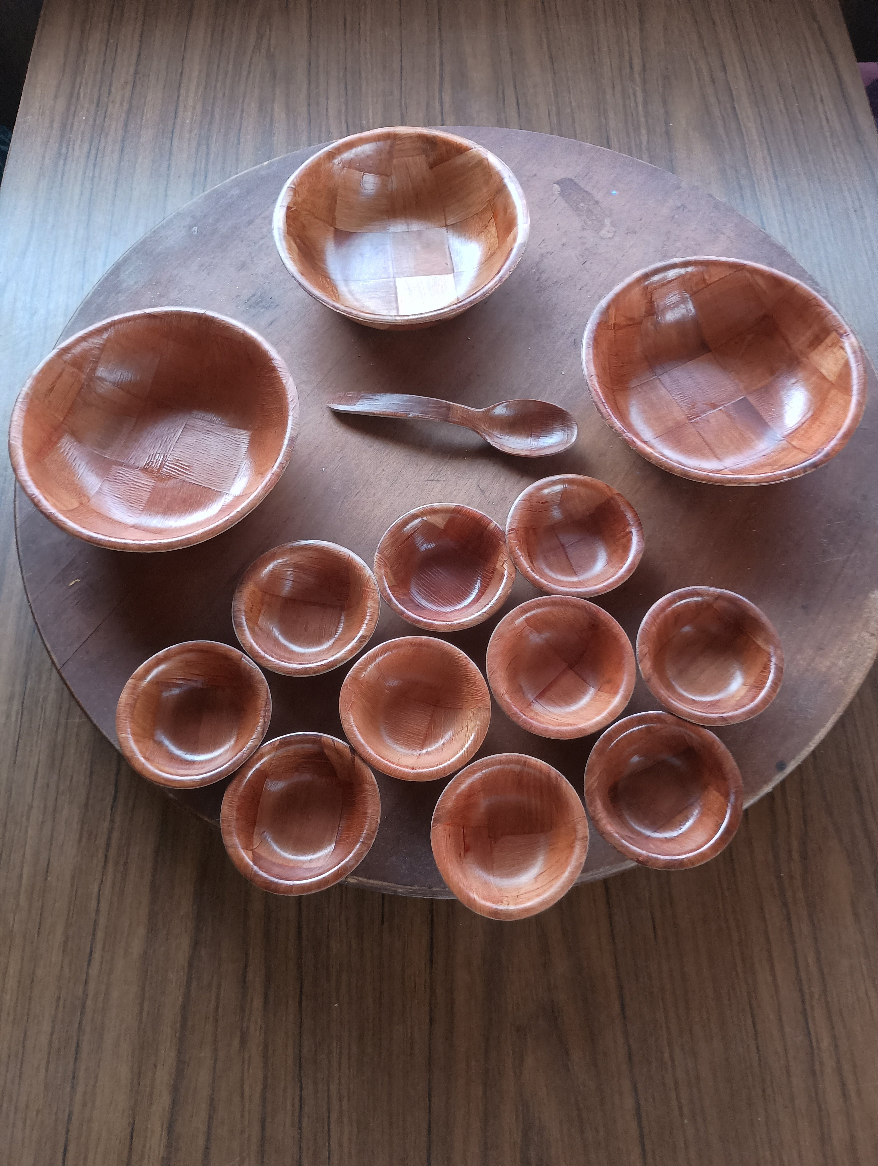 Vintage Monkey Pod Wood Nut Bowl Set - Complete with Cups and Spoon Three larger bowls, 10 tiny, palm sized bowls, and one spoon