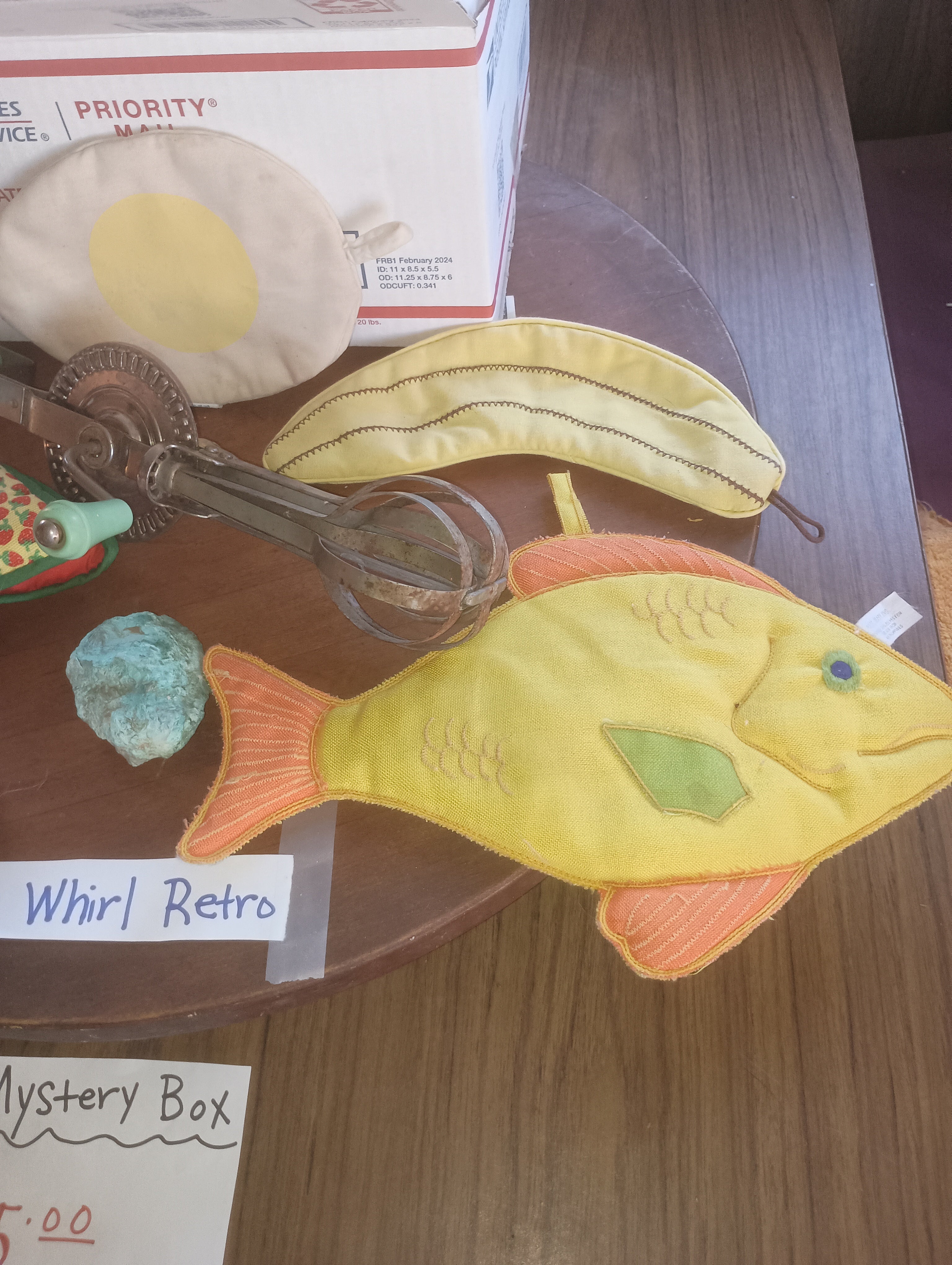 Blue Whirl Retro Pop-Art Mystery Box - 1940s Mechanical Egg Beater & Quirky Food Potholder Set