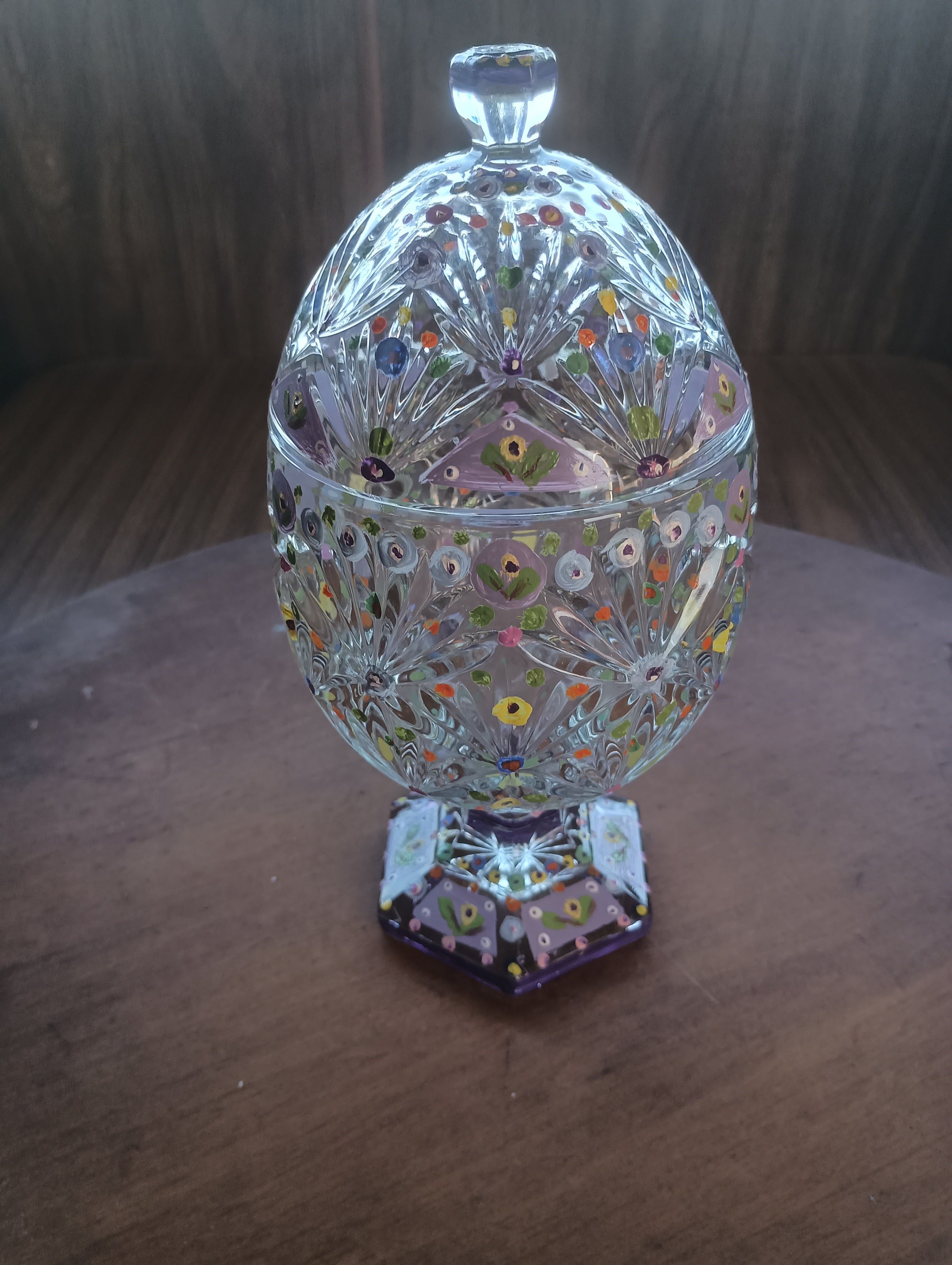 Hand-Painted Floral Cut Crystal Footed Egg Dish