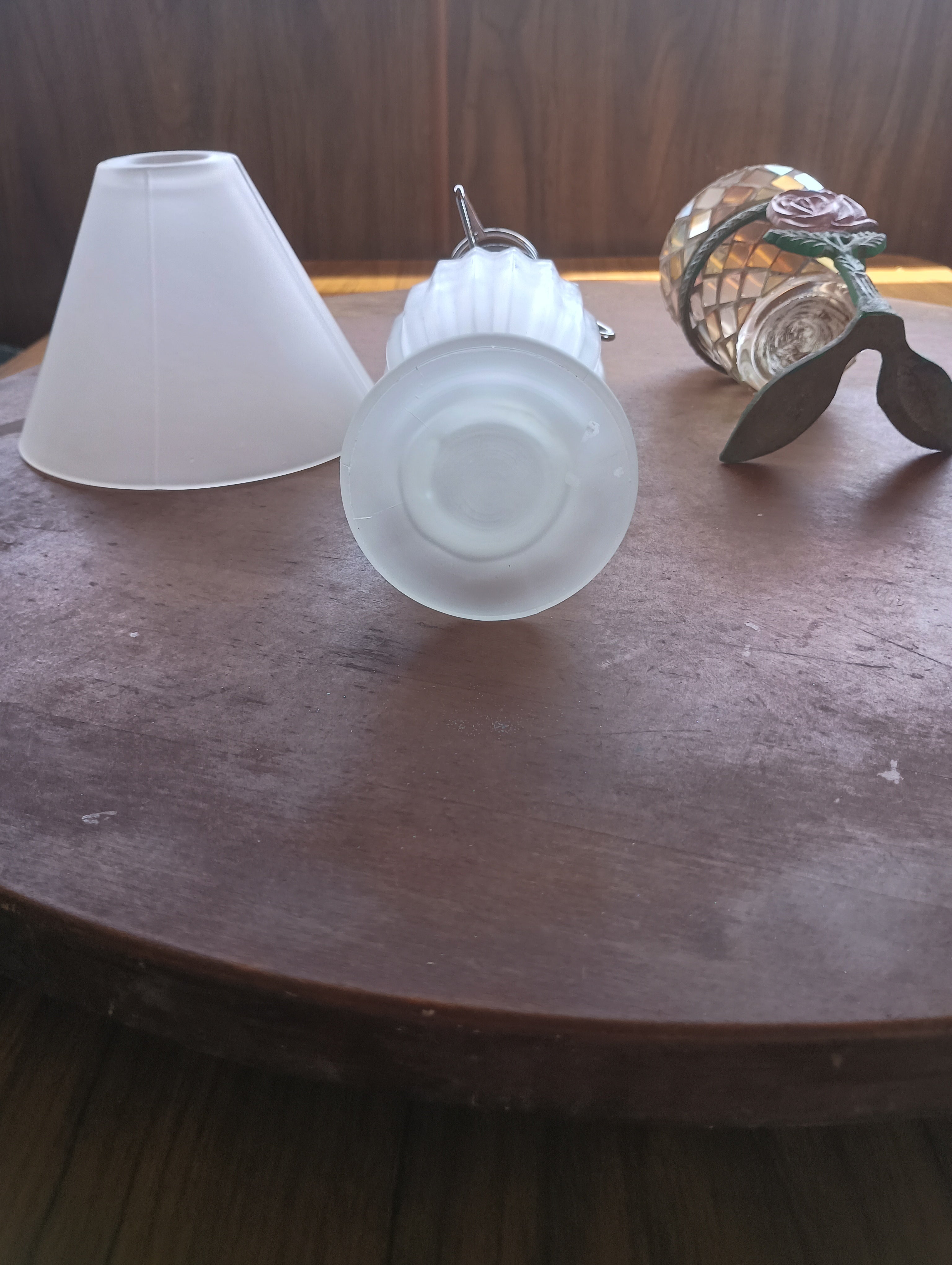Vintage Frosted Glass "Vanity Glow" Lamp & Mosaic Pot with Rose Brass Stand