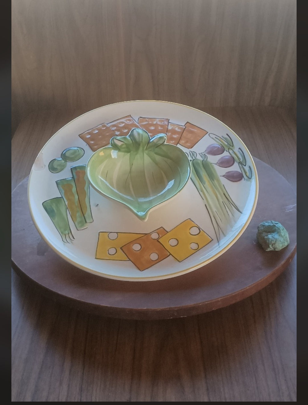 Vintage Mid-Century Hand-Painted Ceramic Charcuterie Platter with Built-In Dip Bowl