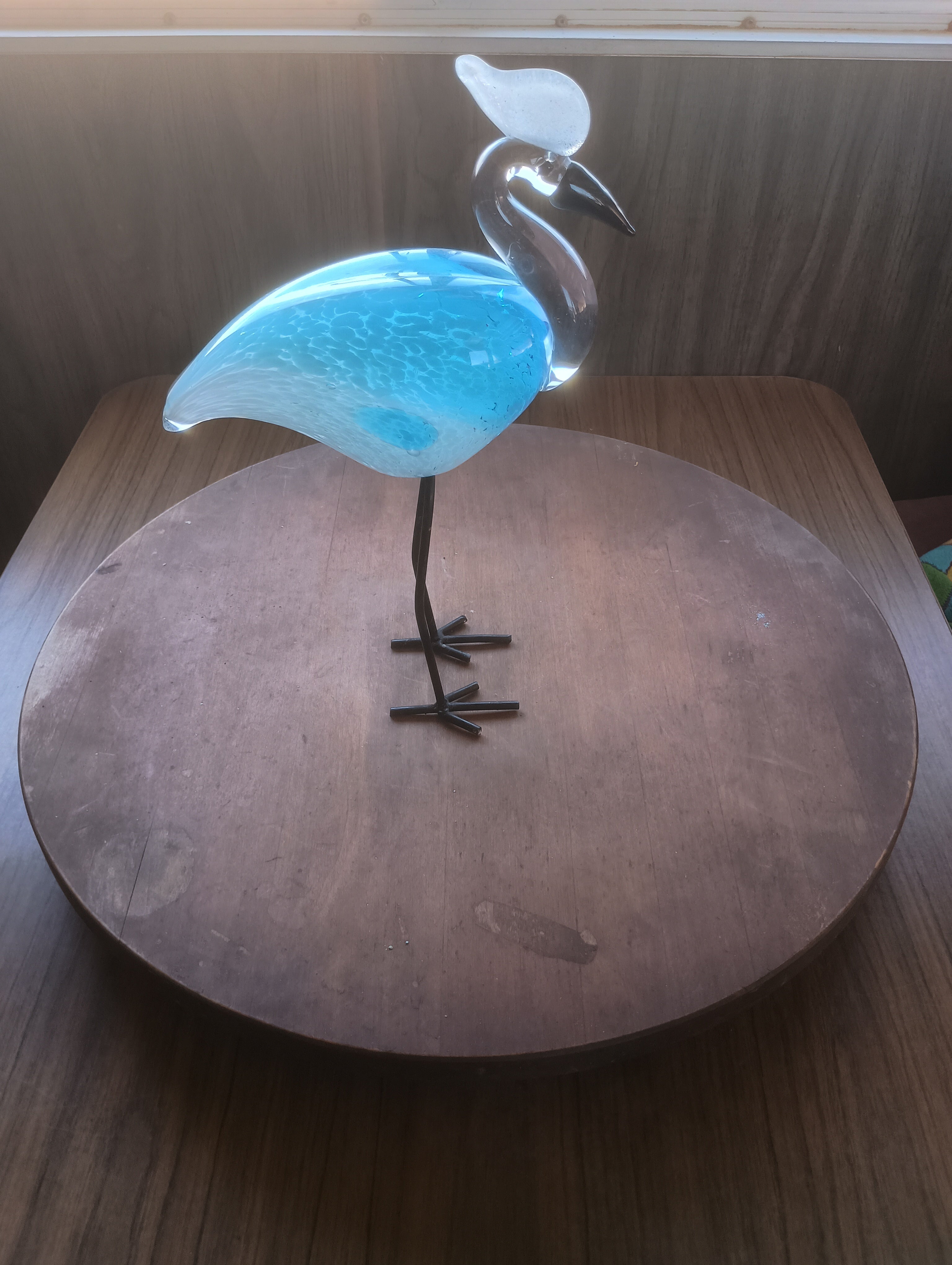 Vintage Mid-Century Murano Style Aqua Blown Art Glass Heron on Welded Metal Legs