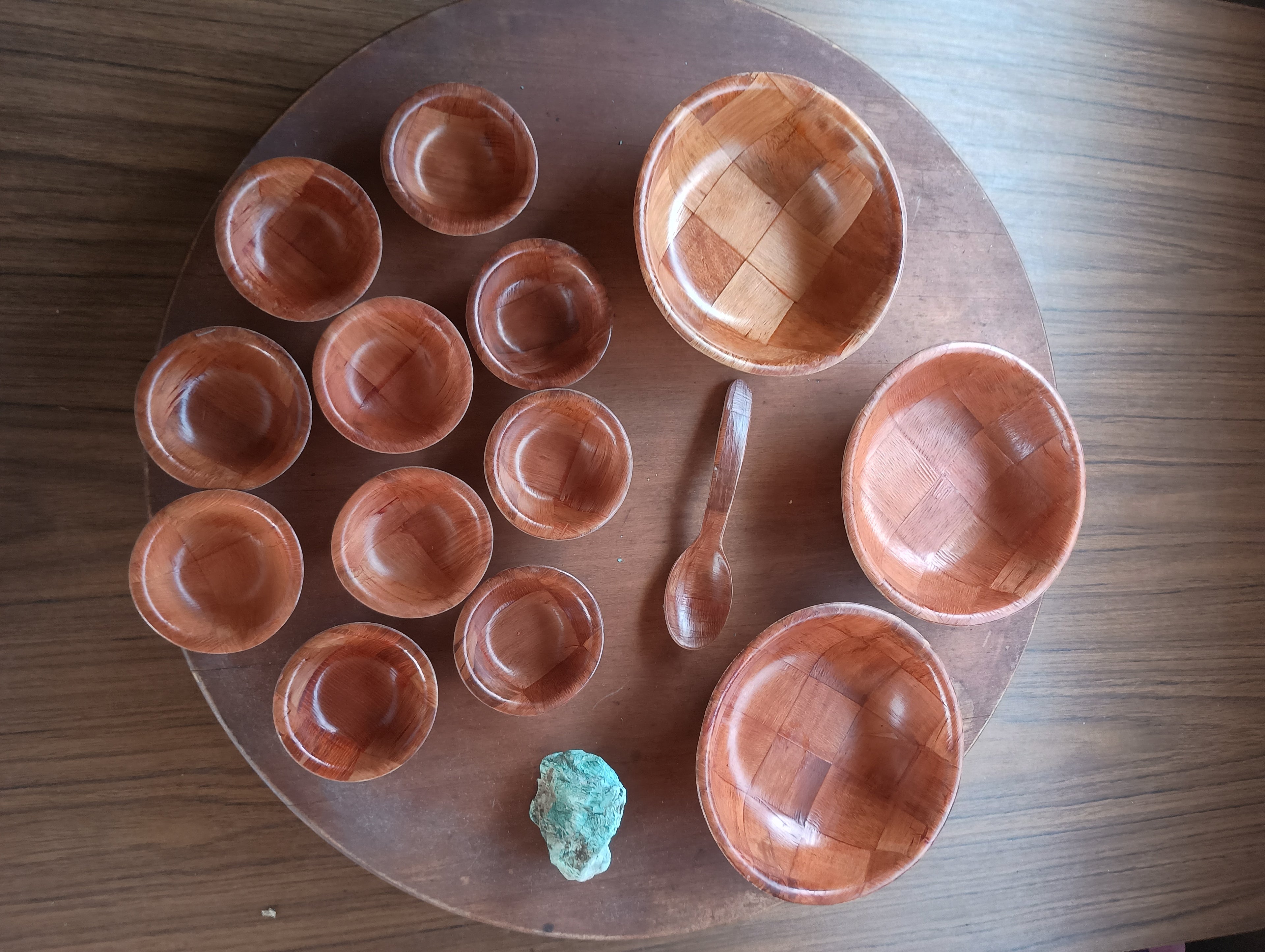 Vintage Monkey Pod Wood Nut Bowl Set - Complete with Cups and Spoon Three larger bowls, 10 tiny, palm sized bowls, and one spoon