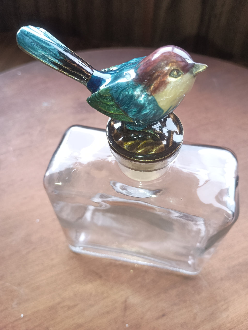 Vintage Enameled Bluebird Glass Decanter / Perfume Bottle