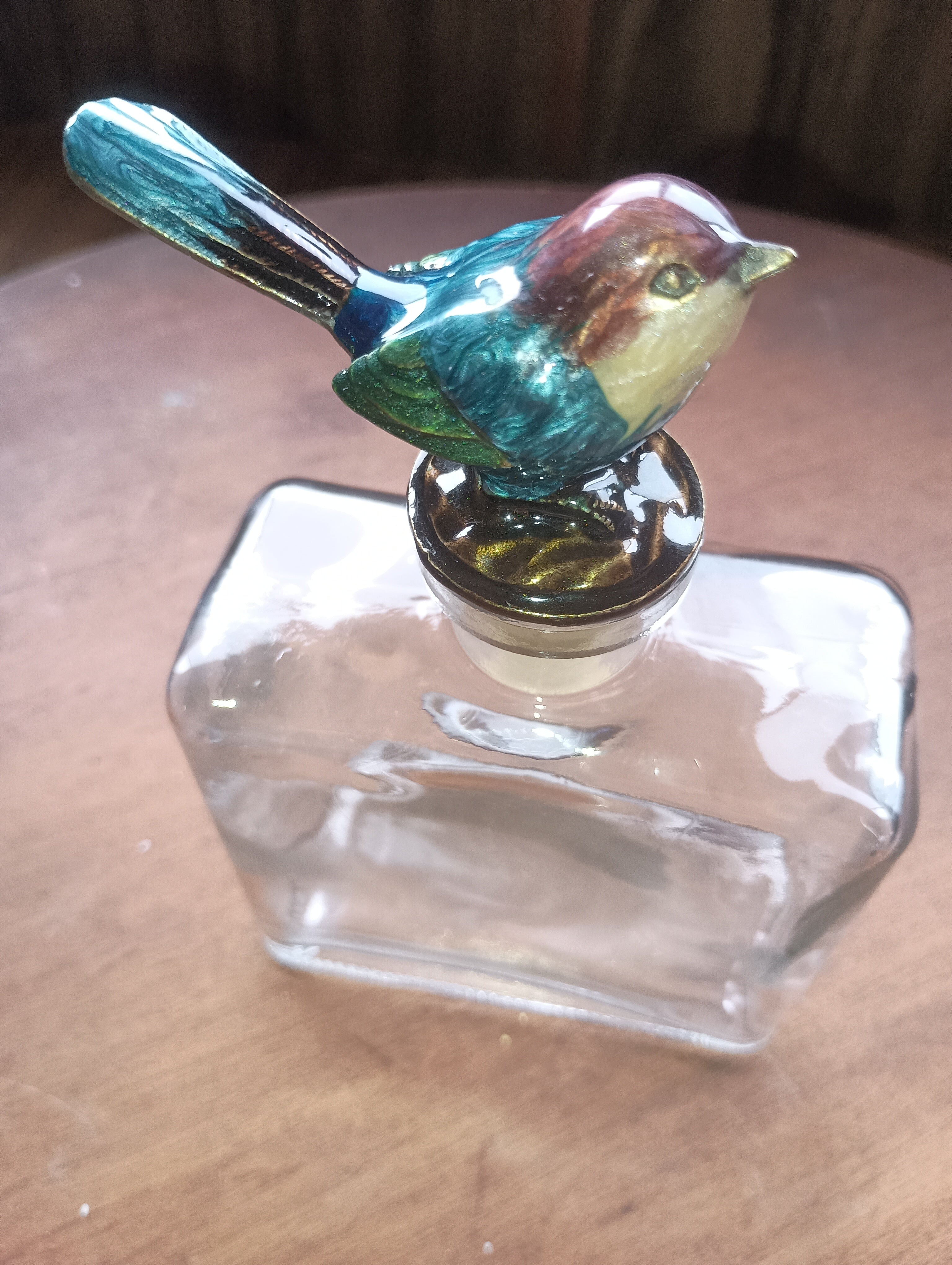 Vintage Enameled Bluebird Glass Decanter / Perfume Bottle